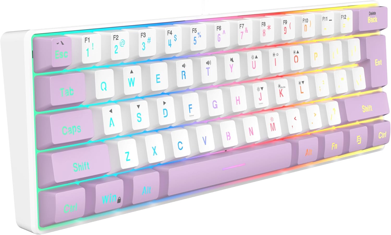 SAMA Gaming Keyboard 60 Percent, 61 Keys RGB Backlit Wired Keyboard, Waterproof Mini Compact Gaming Keyboard for PC/Mac Gamer, Travel, Easy to Carry on Business Trip - White Purple - Image 2