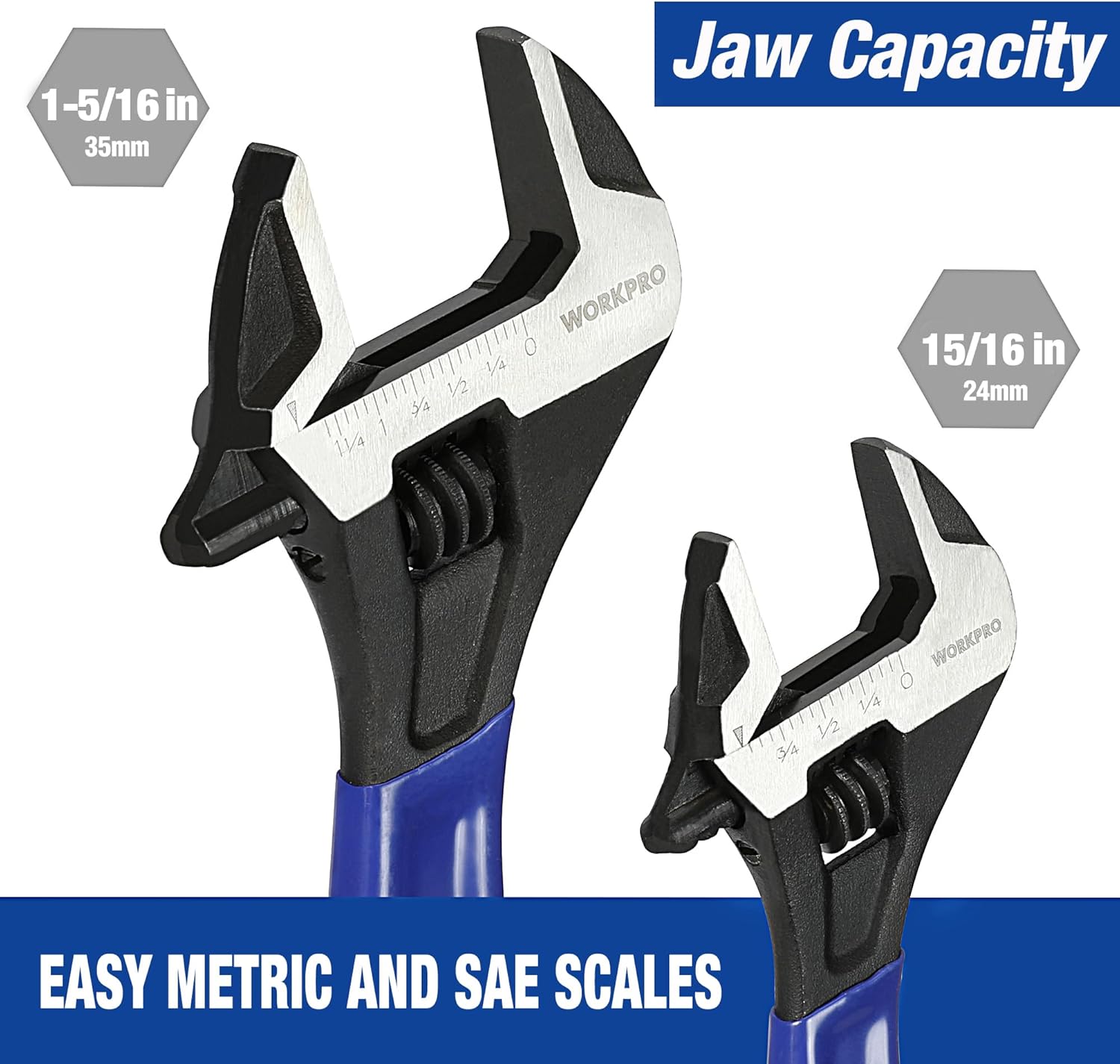 WORKPRO 2-piece Adjustable Wrench Set, 6-Inch & 10-Inch Wrenches, Wide Jaw Black Oxide Wrench, Metric & SAE Scales, Cr-V Steel, for Home, Garage, Workshop - Image 3