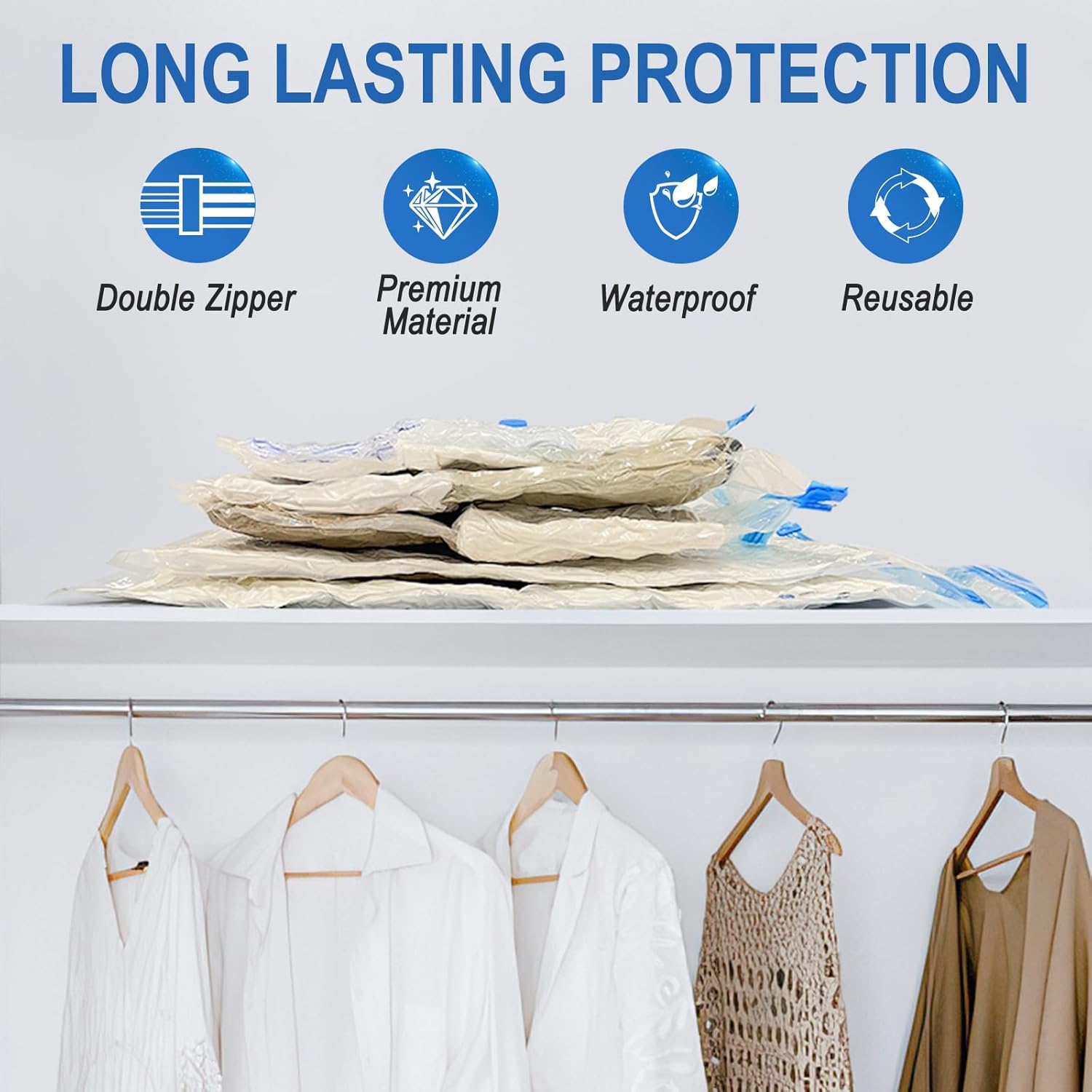 16 Pack Vacuum Storage Bags with Hand Pump, 4 Jumbo + 4 Large + 4 Medium + 4 Small Plastic Packaging Bags, 80% Space Saver Vacuum Seal Bags for Clothing, Travel Lugggage, Blankets, Comforters ? ? ? ? ? - Image 3