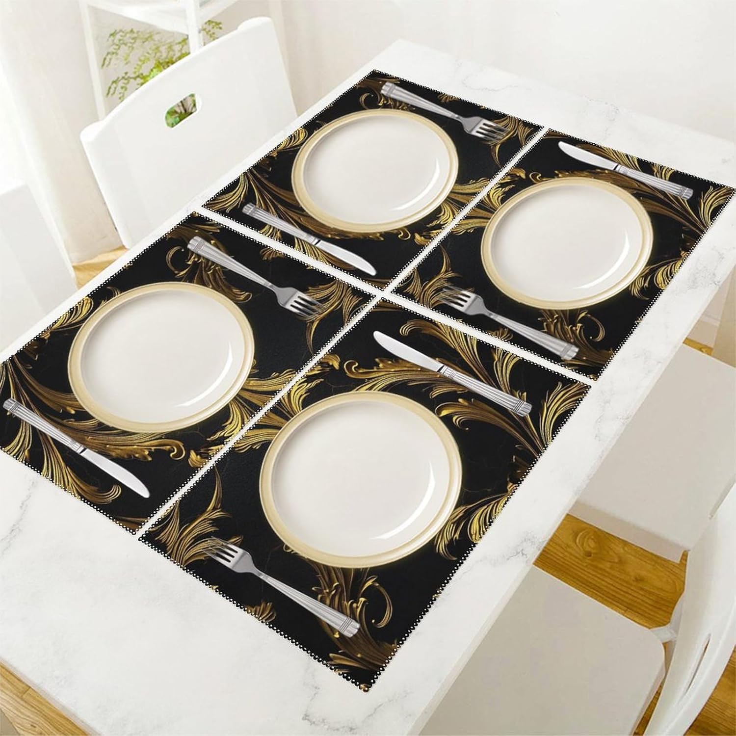 Black and Gold Placemats Set 4 Heat Resistant Place Mats Non-Slip Washable Indoor Outdoor Table Mats Table Mats for Dining Kitchen Party Measures 17.7 X 11.8Inch - Image 5