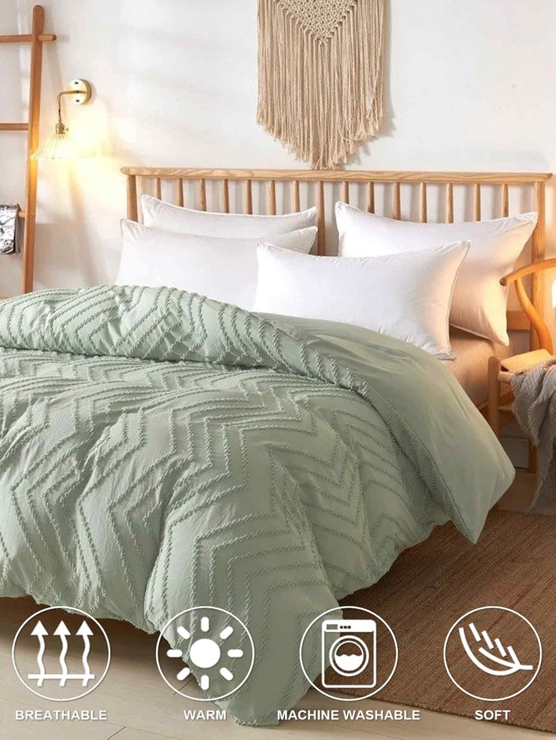 Nanko Sage Green Full Size Comforter Set 3 Pcs, Tufted Jacquard Boho Shabby Chic Soft Down Alternative Microfiber Bedding - All Season Neutral Farmhouse Bed Sets Women Men, Bohemian Light Green 80x90 - Image 3