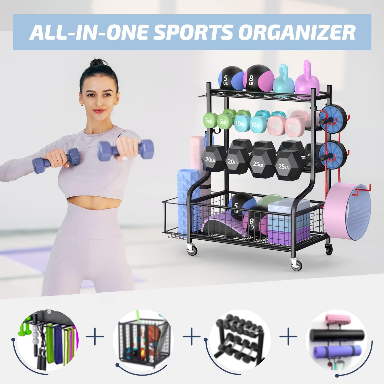 PLKOW Dumbbell Rack, Weight Rack for Dumbbells, Home Gym Storage for Dumbbells Kettlebells Yoga Mat and Balls, All in One Workout Storage with Wheels and Hooks, Powder Coated Finish Steel ? ? ? ? ? - Image 2