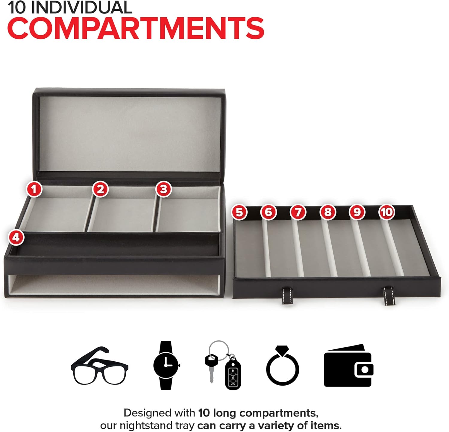 Stock Your Home Mens Valet Tray, Men's Jewelry Box, Night Stand Organizers and Storage, Bedside Table Organizer, Watch Box for Dresser, Faux Leather (Black & Gray) ? ? ? ? ? - Image 3