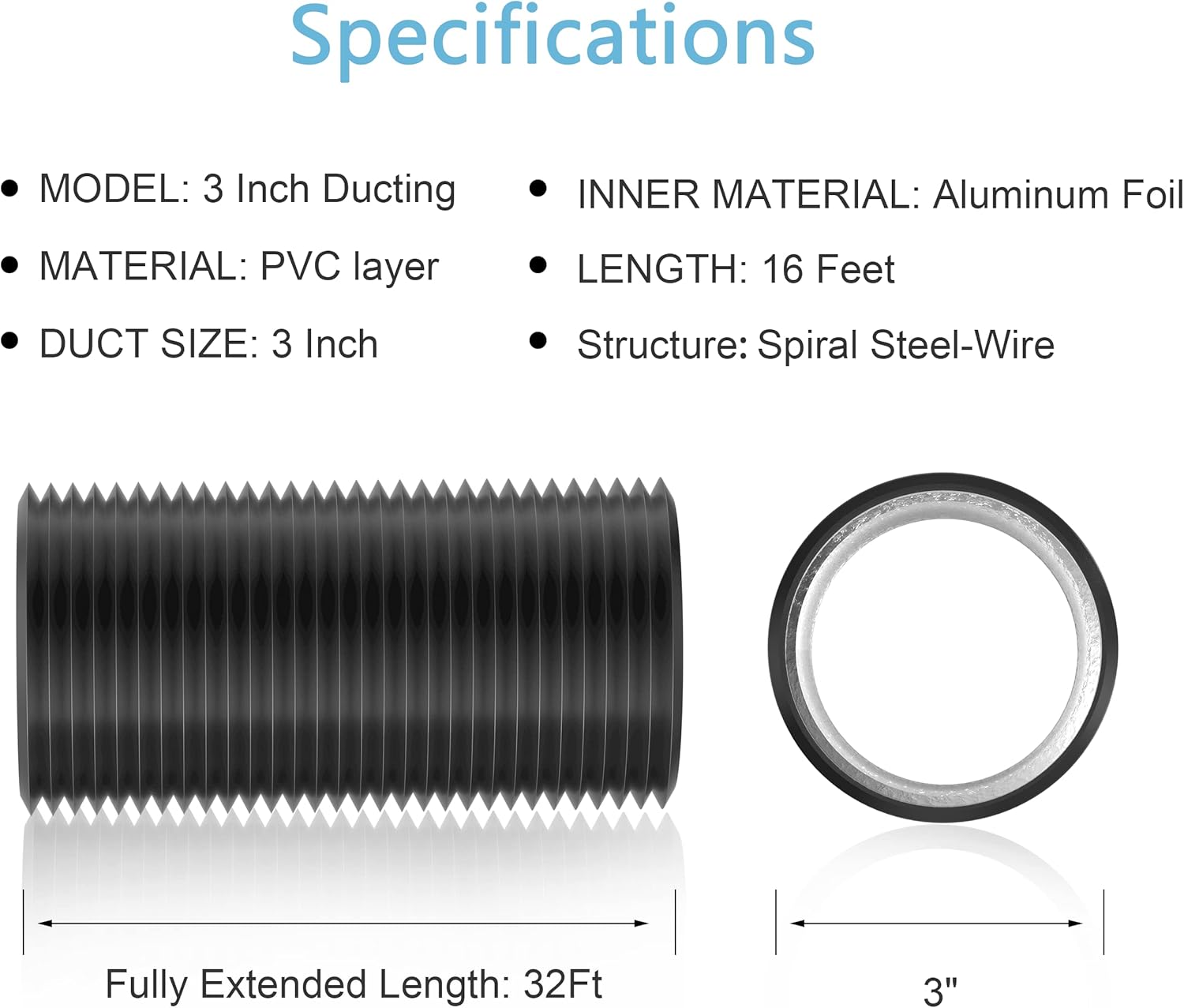 Hon&Guan 3 inch 16 FT Long Air Ducting, Heavy-Duty Four-Layer Protection Dryer Vent Hose for Heating Cooling Ventilation and Exhaust-with 2 Clamps, Black ? ? ? ? ? - Image 6
