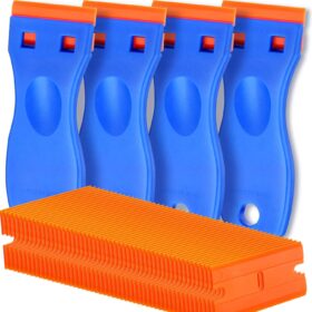 4 Pcs Plastic Razor Blade Scraper and 100 Pcs Blades, Remove Label Decal Tool? Forwithout Scratches Plastic Razor Blade Scraper, Adhesive Remover for Stickers, Gaskets and Paints on Window Car Glass ?   ?  ?  ? ?