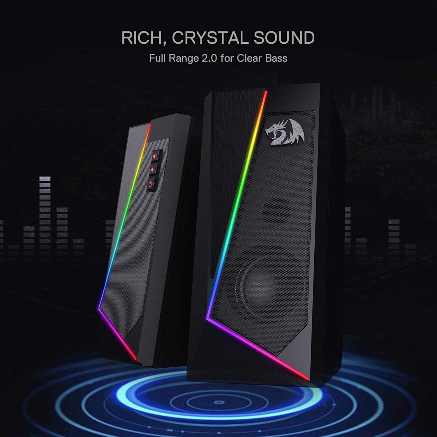 Redragon GS520 RGB Desktop Speakers, 2.0 Channel PC Computer Stereo Speaker with 6 Colorful LED Modes, Enhanced Sound and Easy-Access Volume Control, USB Powered w/ 3.5mm Cable ? ? ? ? ? - Image 4