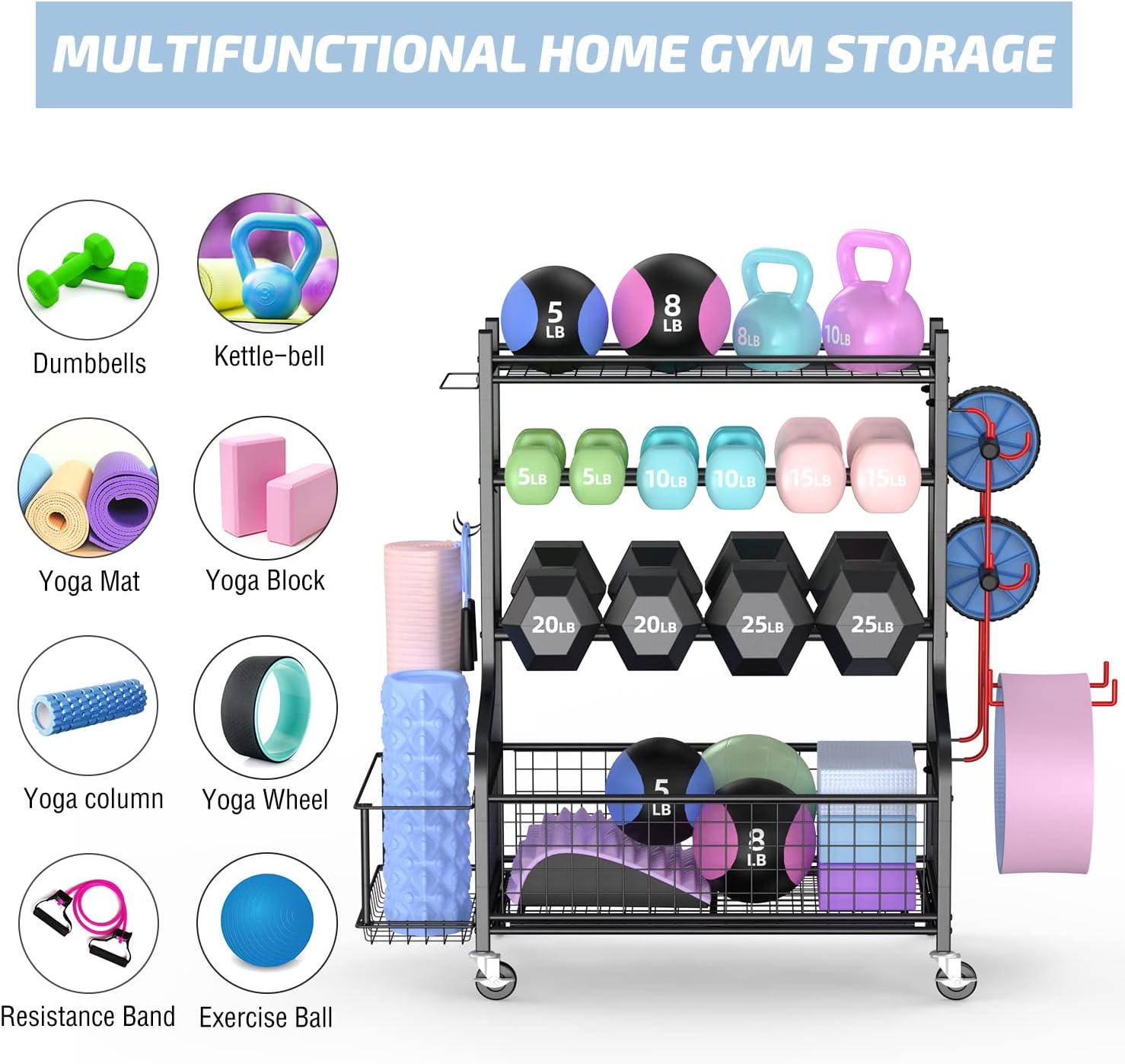 PLKOW Dumbbell Rack, Weight Rack for Dumbbells, Home Gym Storage for Dumbbells Kettlebells Yoga Mat and Balls, All in One Workout Storage with Wheels and Hooks, Powder Coated Finish Steel ? ? ? ? ? - Image 3