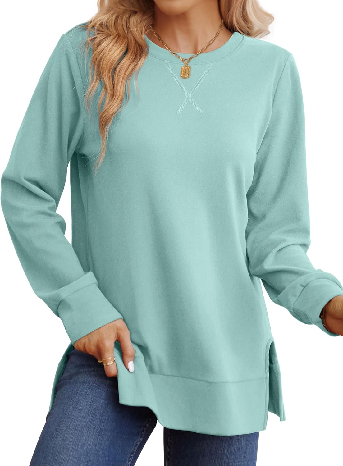 Saloogoe Sweatshirt for women Side Split Fall Fashion 2025 Long Sleeve Shirts Trending Now ?