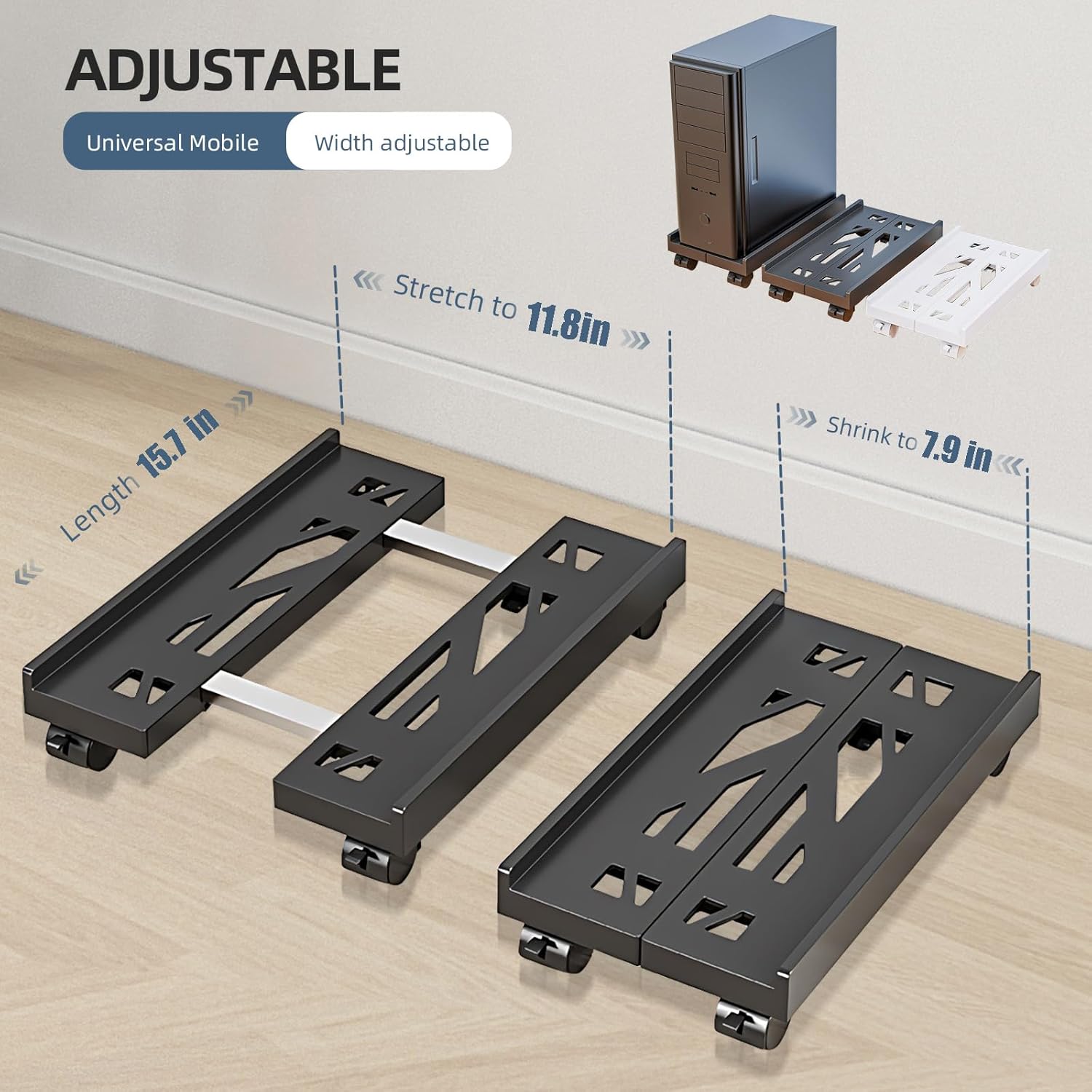 Adjustable Mobile CPU Stand, Ventilated Computer Tower Stand PC Tower Stand with 4 Caster Wheels Fits Most PC, Under Desk CPU Holder PC Floor Cart PC Riser for Gamers and Students (Black) - Image 2
