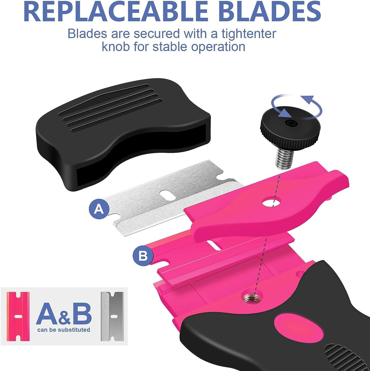 DEKEones Razor Blade Scraper, Double Edged Razorblade Scraping Tool with 10 Pcs Razor Blades, Paint Scraper for Glass, Decals, Tint, Stickers, Labels, Caulk, Adhesive(Pink) - Image 2