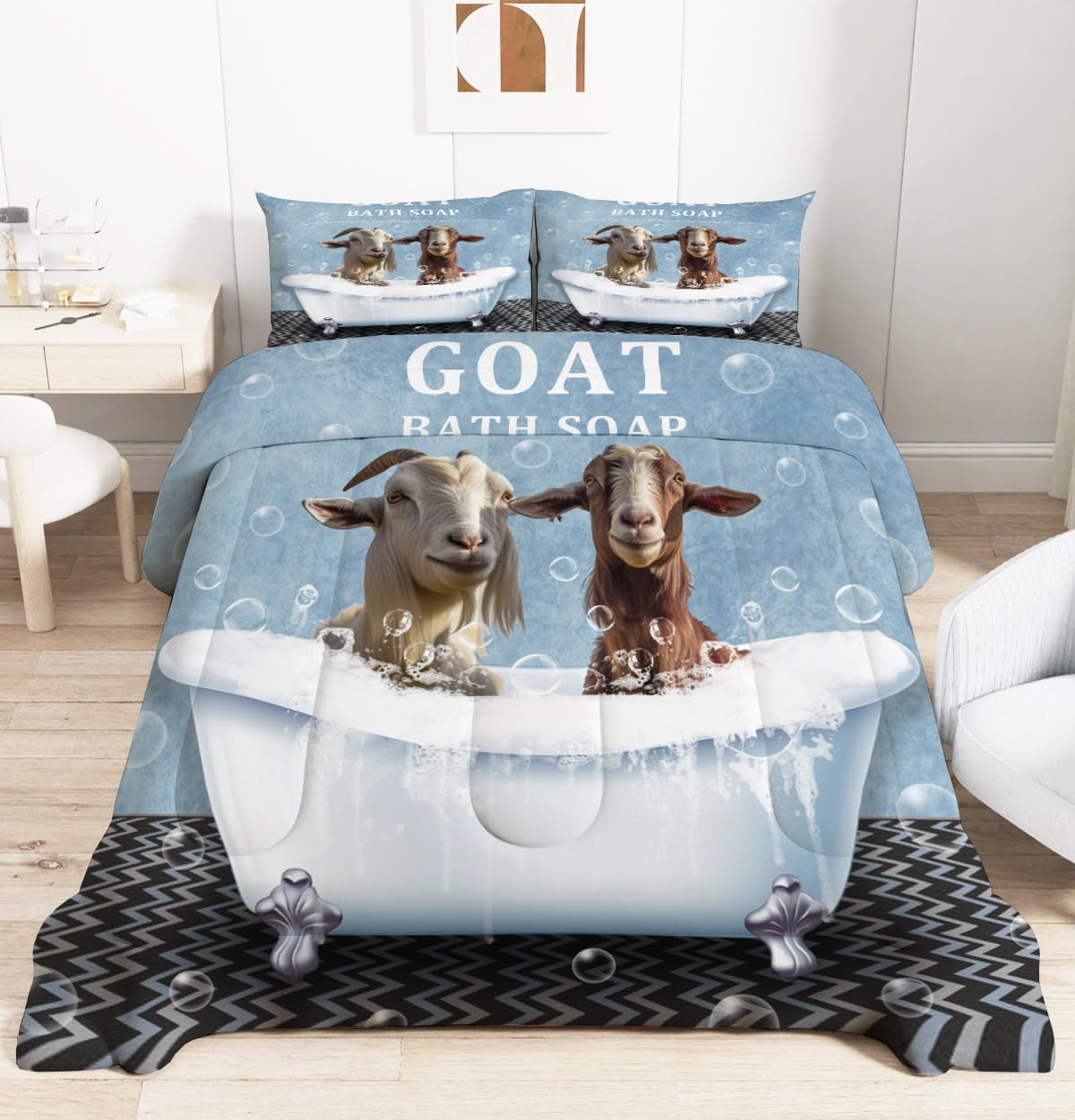 Goat Comforter Set for Kids Boys Girls Adults,Farm Animal in Bathtub Bedding Twin,Boho Western Bedding Comforter Sets,Farmhouse Style Duvet Insert with 1 Pillow Case Bedroom Decor ? ? ? ? ?