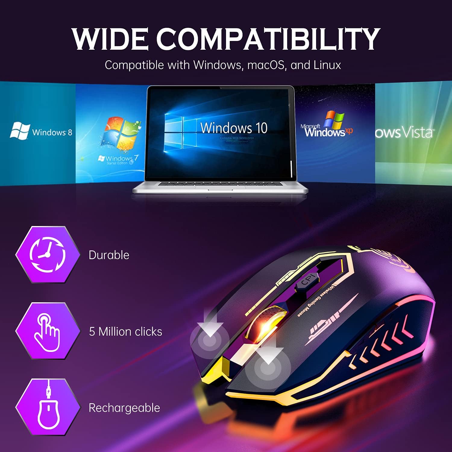 UHURU Wireless Gaming Mouse Up to 10000 DPI, Rechargeable USB Wireless Mouse with 6 Buttons 7 Dynamic LED Color Ergonomic Programmable MMO RPG for PC Laptop, Compatible with Windows Mac ? ? ? ? ? - Image 6