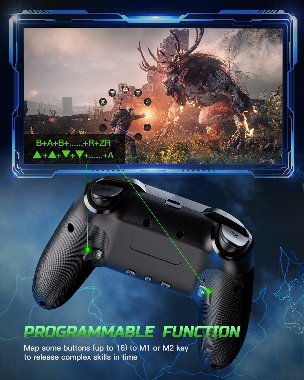 Switch Controller Compatible with Switch/Switch Lite/Switch OLED/Windows/iOS/Android, RGB Lightning Programmable 1000mAh Wireless Switch Pro Controller with One Key Pairing Wake Up Turbo Vibration ? ? ? ? ? - Image 3