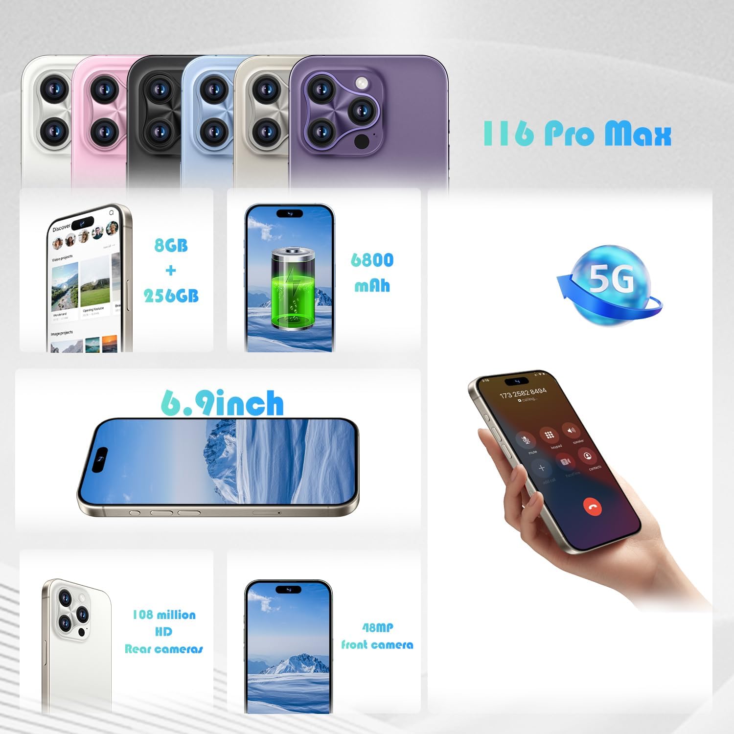 A16 pro max Unlocked Cell Phones Android 13 Smartphone with 8GB+256GB Mobile Phones 6.9 - Image 4