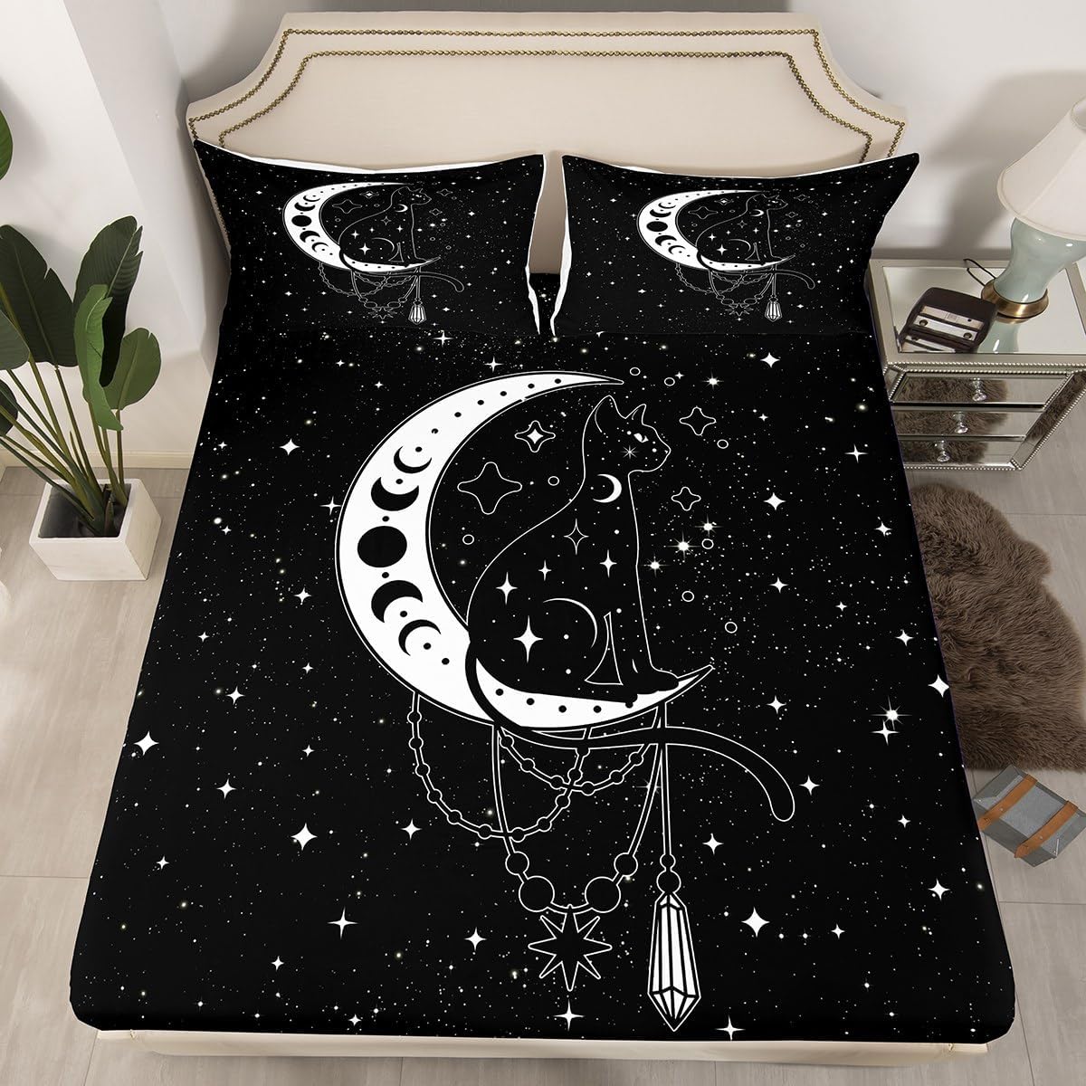 Galaxy Starry Sky Black Fitted Sheet Queen Size Bohemian Moon Star Bedding Sheet Set,Mysterious Cat Bed Cover Ultra Soft Breathable Bedding 3 Pcs