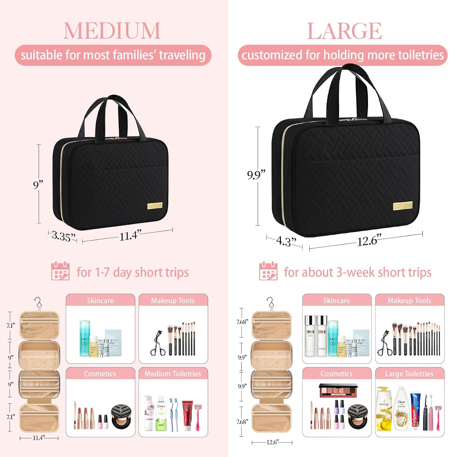 HOTOR Travel Toiletry Bag - Toiletry Bag w/Hanging Hook - Spacious Toiletry Bag for Women & Men, Makeup Bag/Big Comparment, Waterproof for Travel Accessories, Travel Essentials, Medium, Black ? ? ? ? ? - Image 2