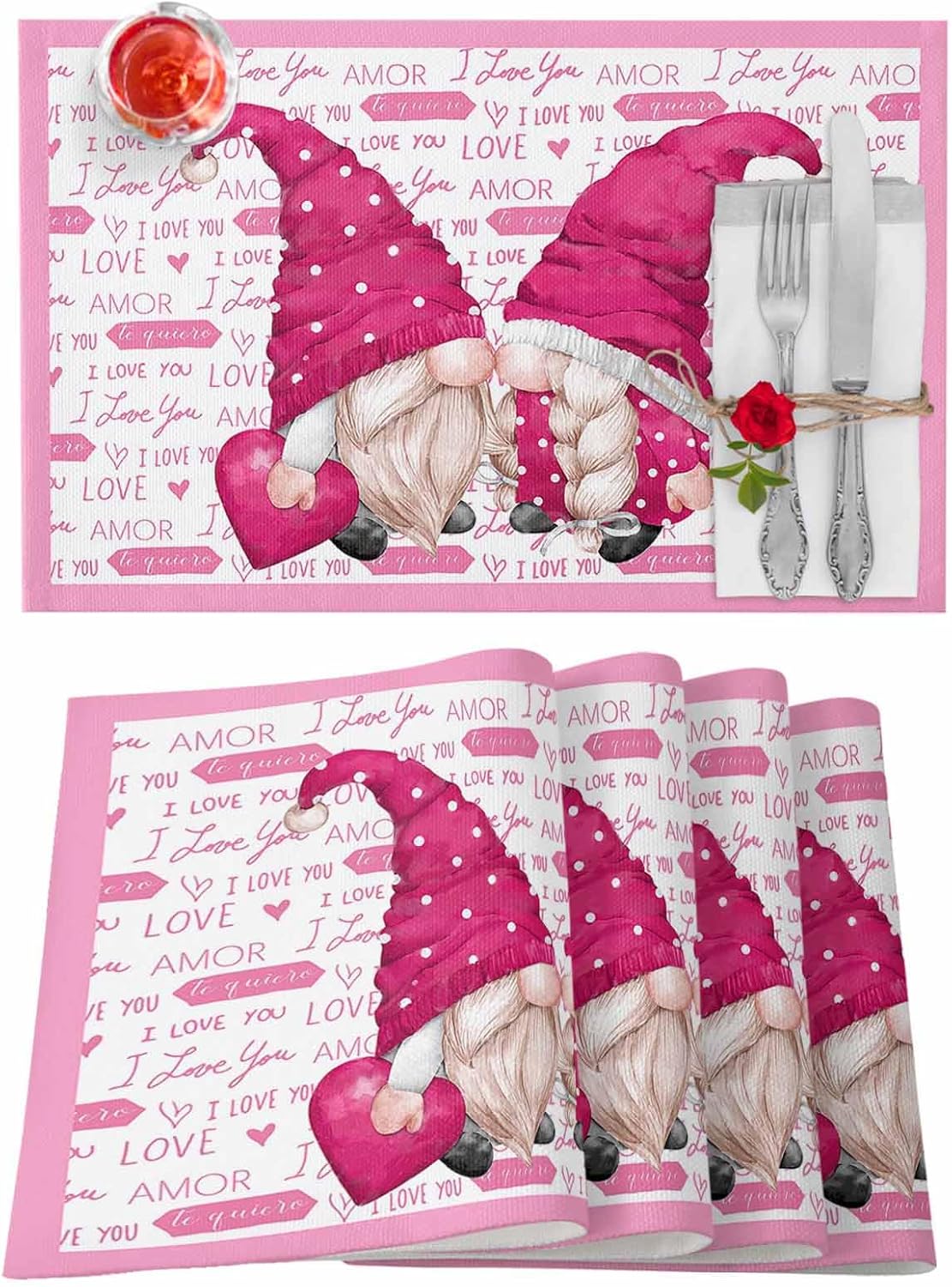 Valentines Placemat Pink Gnome Love Heart Place Mats for Dining Room Dinner Table Romantic Sweet Valentine's Day Washable Table Mats Kitchen Decorations Set of 4 ? ? ? ? ?