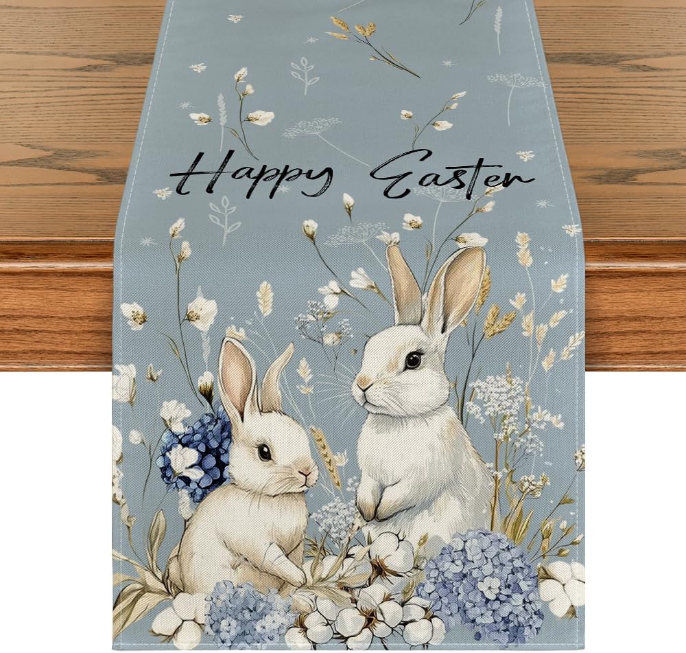 Artoid Mode Bunny Rabbit Cotton Hydrangea Happy Easter Table Runner, Seasonal Spring Kitchen Dining Table Decoration for Home Party Decor 13x90 Inch ? ? ? ? ?