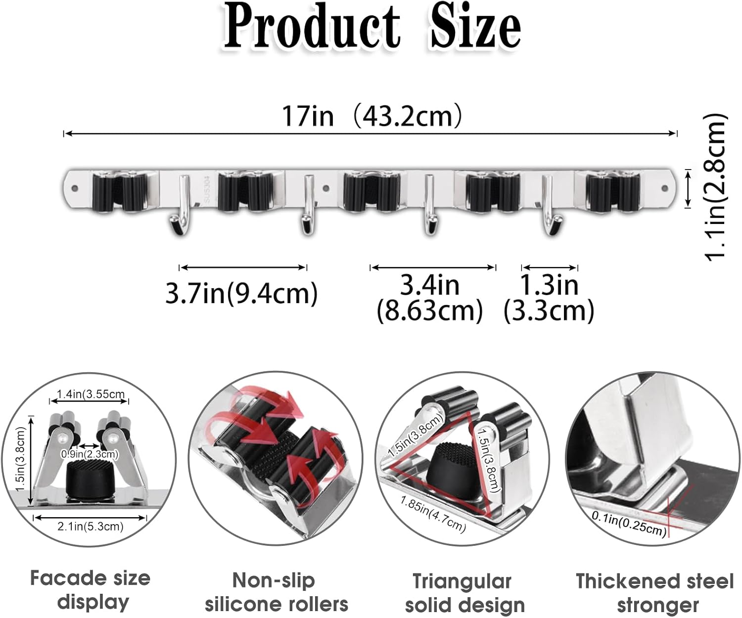 AceMining 5 Racks and 4 Hooks Mop and Broom Holder Wall Mount, Broom Organizer Storage Tool Racks Stainless Steel Heavy Duty Hooks Self Adhesive Solid Non-slip for Home Kitchen Garden Laundry Garage ? ? ? ? ? - Image 3