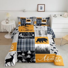 Deer Bear Twin Bedding Sets, Blue And Grey Buffalo Plaid Comforter Set Woodland Animal Wildlife Quilt Hunting Lodge Country Down Comforter Rustic Farmhouse Cabin Bathroom Decor, 1 Pillow Case                 
