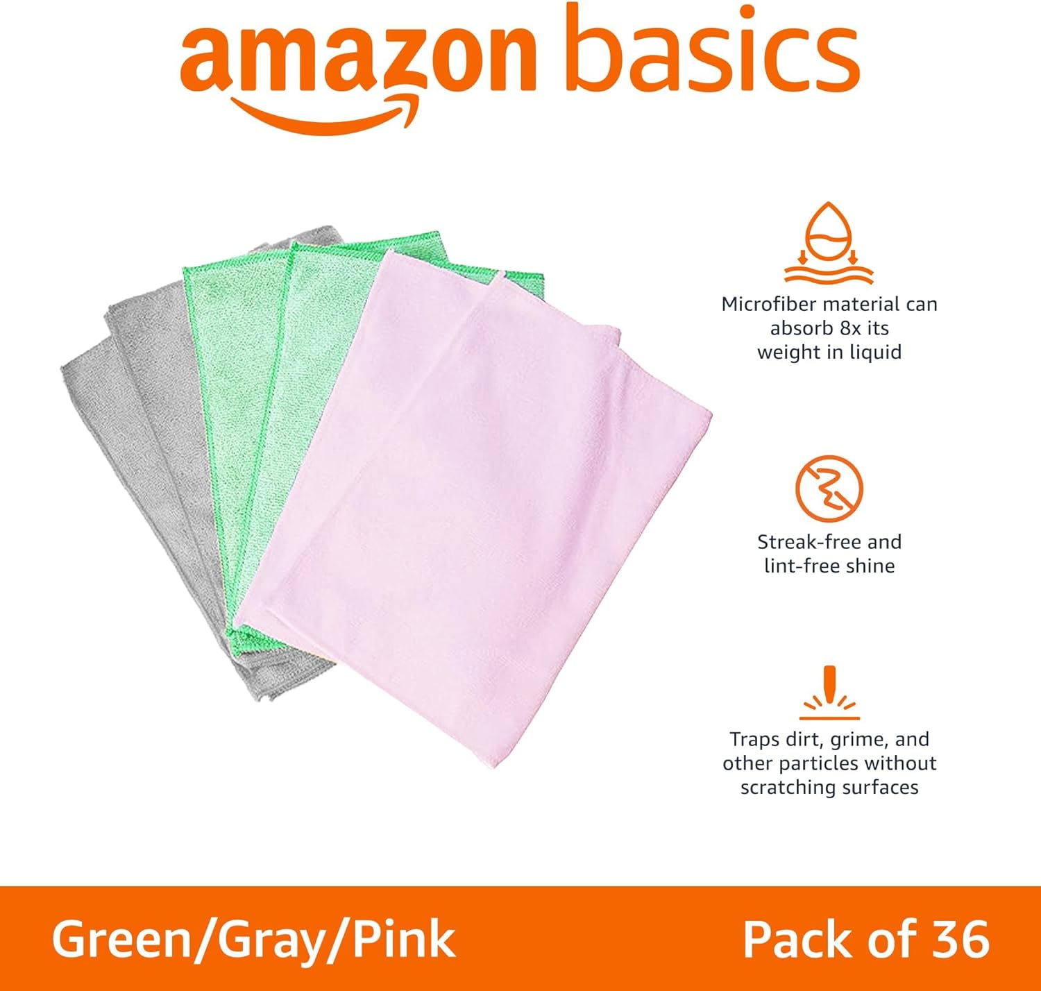 Amazon Basics Microfiber Cleaning Cloths, Non-Abrasive, Reusable and Washable, Pack of 36, Green/Gray/Pink, 16 - Image 2
