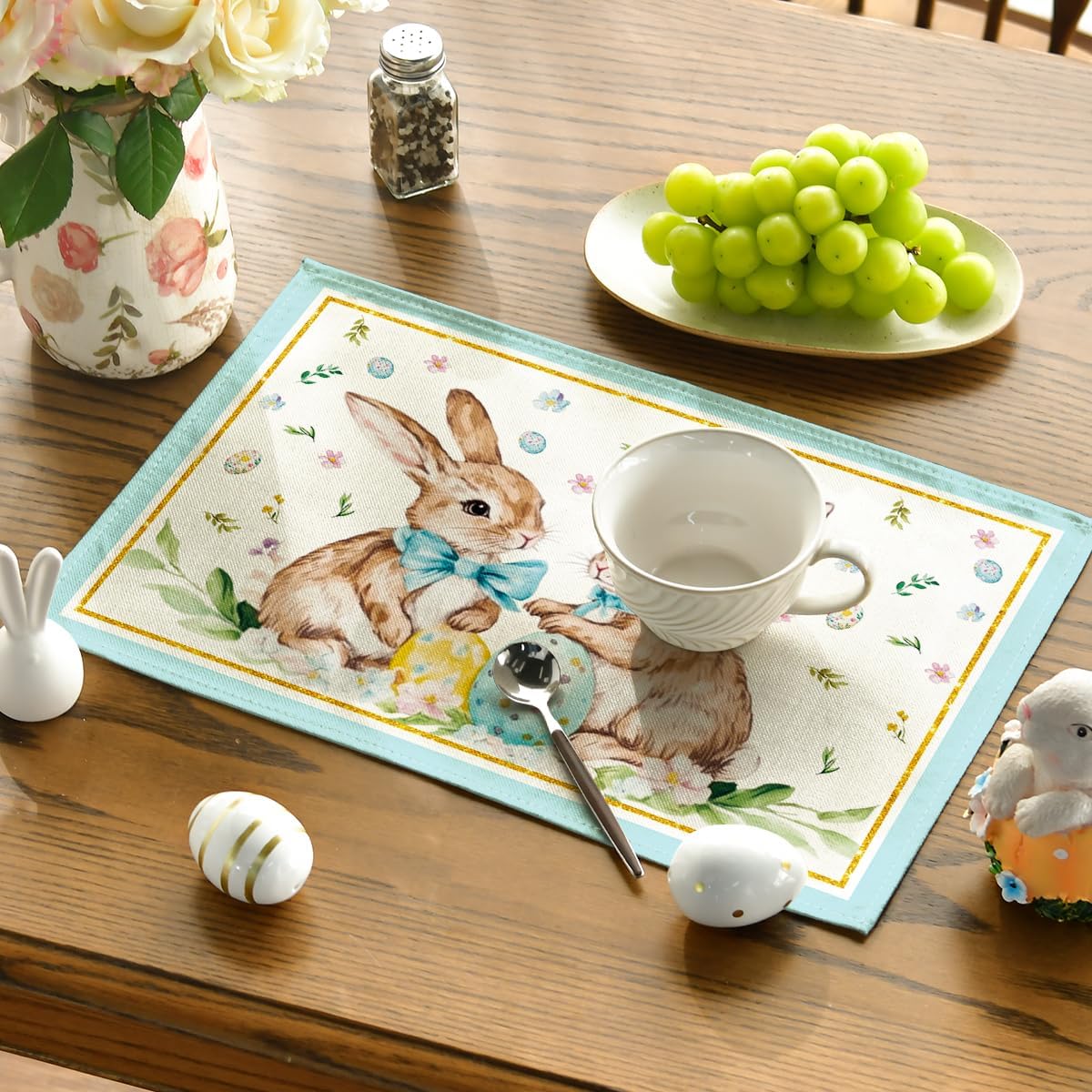 Artoid Mode Bunny Rabbit Egg Floral Easter Placemats Set of 4, 12x18 Inch Spring Table Mats for Outdoor Home Party Kitchen Dining Decor ? ? ? ? ? - Image 3