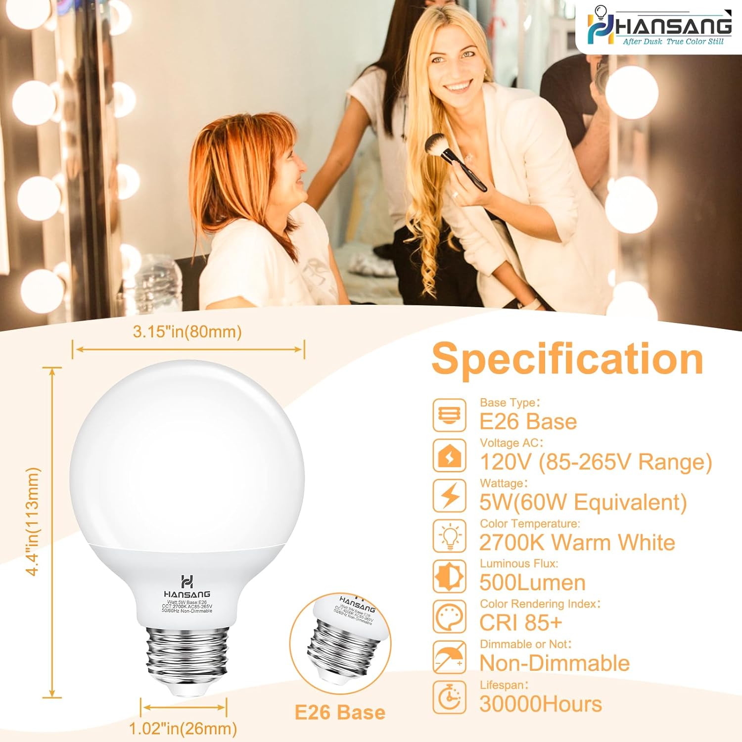 hansang 12 Pack Vanity Light Bulbs for Bathroom, 2700K Warm White E26 Base Round LED Globe Bulb, 60W Equivalent, G25 Vanity Light Bulb for Makeup Mirror Bedroom 120V, CRI85+, 500LM, Non-dimmable - Image 2