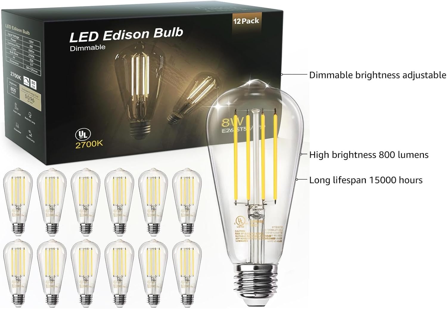 TJOY 12 Pack Vintage 8W ST58 LED Edison Light Bulbs, Dimmable, 60W Equivalent, 800Lumens, 2700K Warm White, E26 Base LED Filament Bulb, CRI80+, Antique Glass Style for Home, Bedroom, Office, Farmhouse ? ? ? ? ? - Image 3