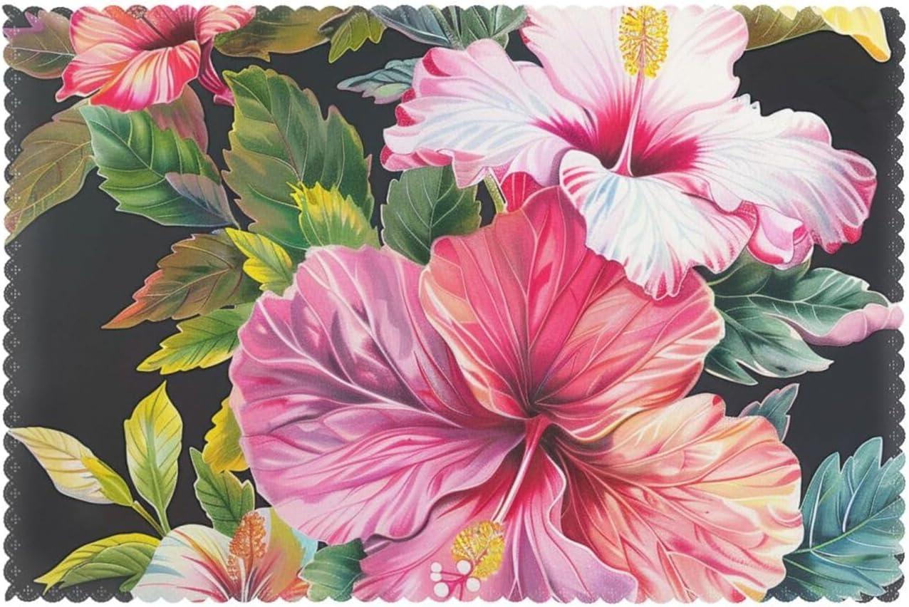 Hibiscus Flowers Print Printed Heat Resistant Placemats 6 PCS - Non-Slip Washable Kitchen Table Mats for Dining, Parties & More (18x12in, Polyeste) ? ? ? ? ?