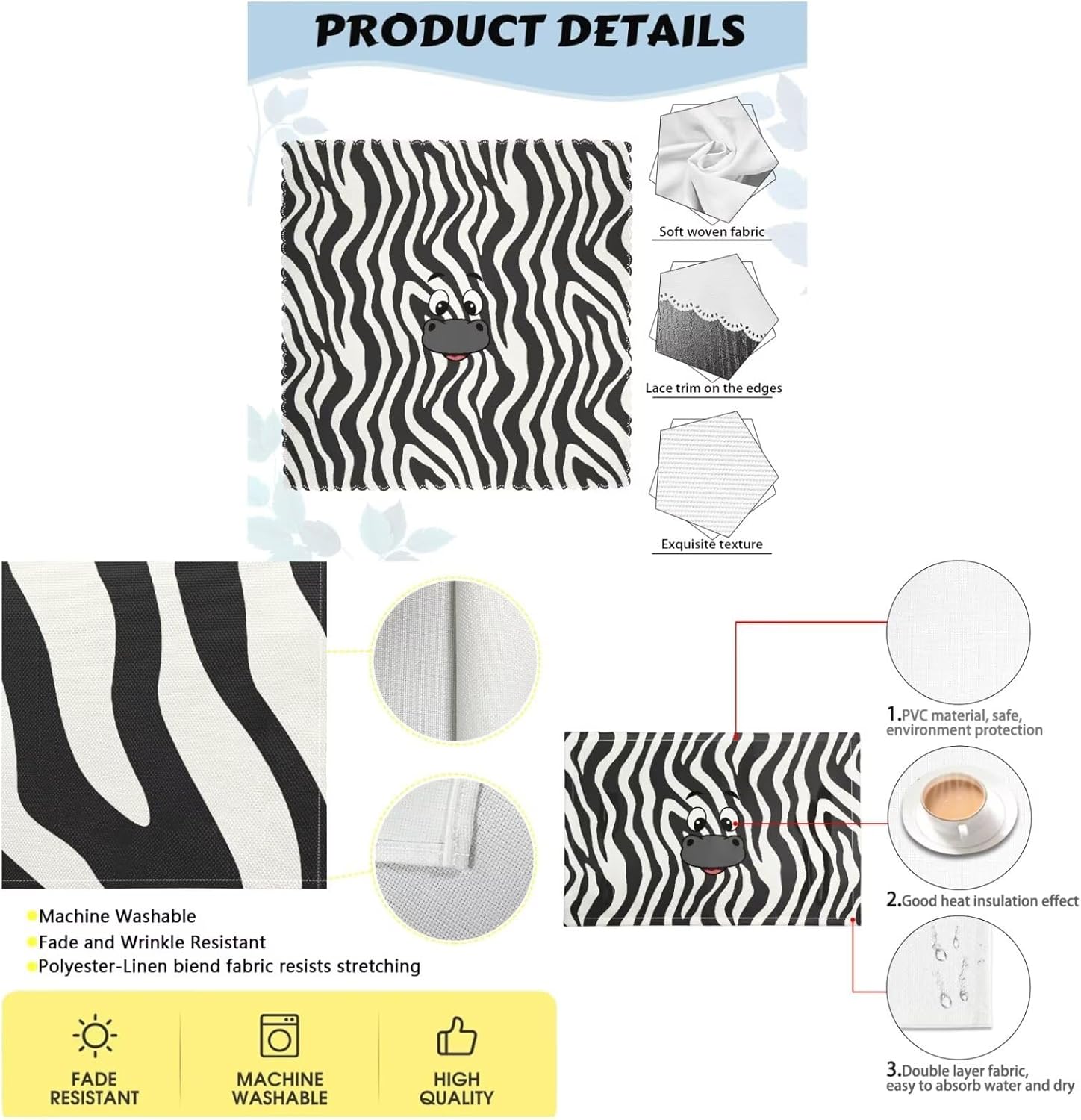 Zebra Stripes Print Table Runner Set with Matching Placemat Napkins Cloth Farmhouse Dining Table Decor for Wedding Kitchen Dining Daily Use Holiday Party Grey ? ? ? ? ? - Image 5