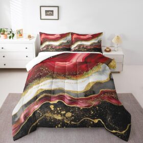 Erosebridal Black and Red Marbling Bedding Set Twin Watercolor Stripe Comforter Set, Abstract Marble Duvet Insert Foil Print Quilt Set, Aesthetic Gold Metallic Bedding Comforters & Sets Room Decor ?   ?   ?  ?   ?