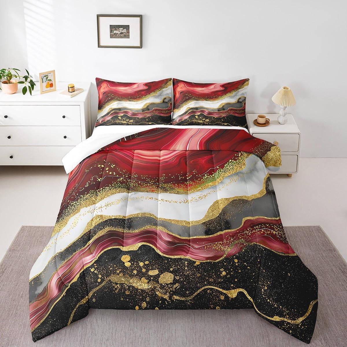 Erosebridal Black and Red Marbling Bedding Set Twin Watercolor Stripe Comforter Set, Abstract Marble Duvet Insert Foil Print Quilt Set, Aesthetic Gold Metallic Bedding Comforters & Sets Room Decor ? ? ? ? ?