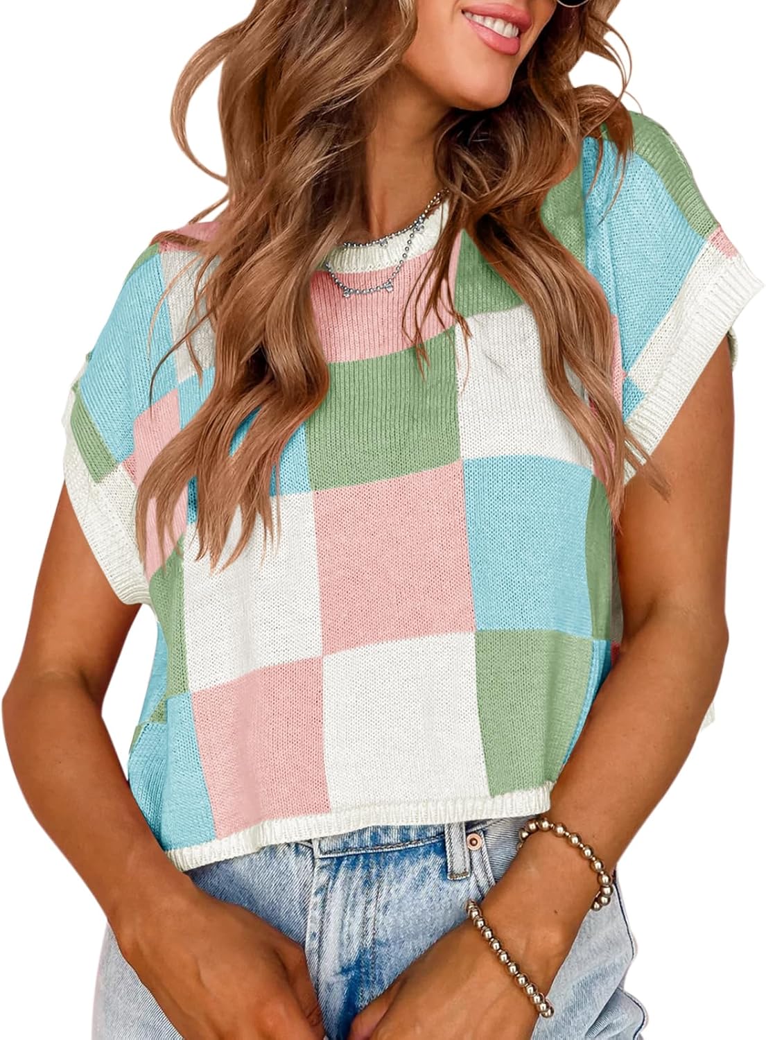 Saodimallsu Womens Cap Sleeve Crop Tops Summer Color Block Going Out Crew Neck Knit Trendy Casual Sweater ? - Image 6