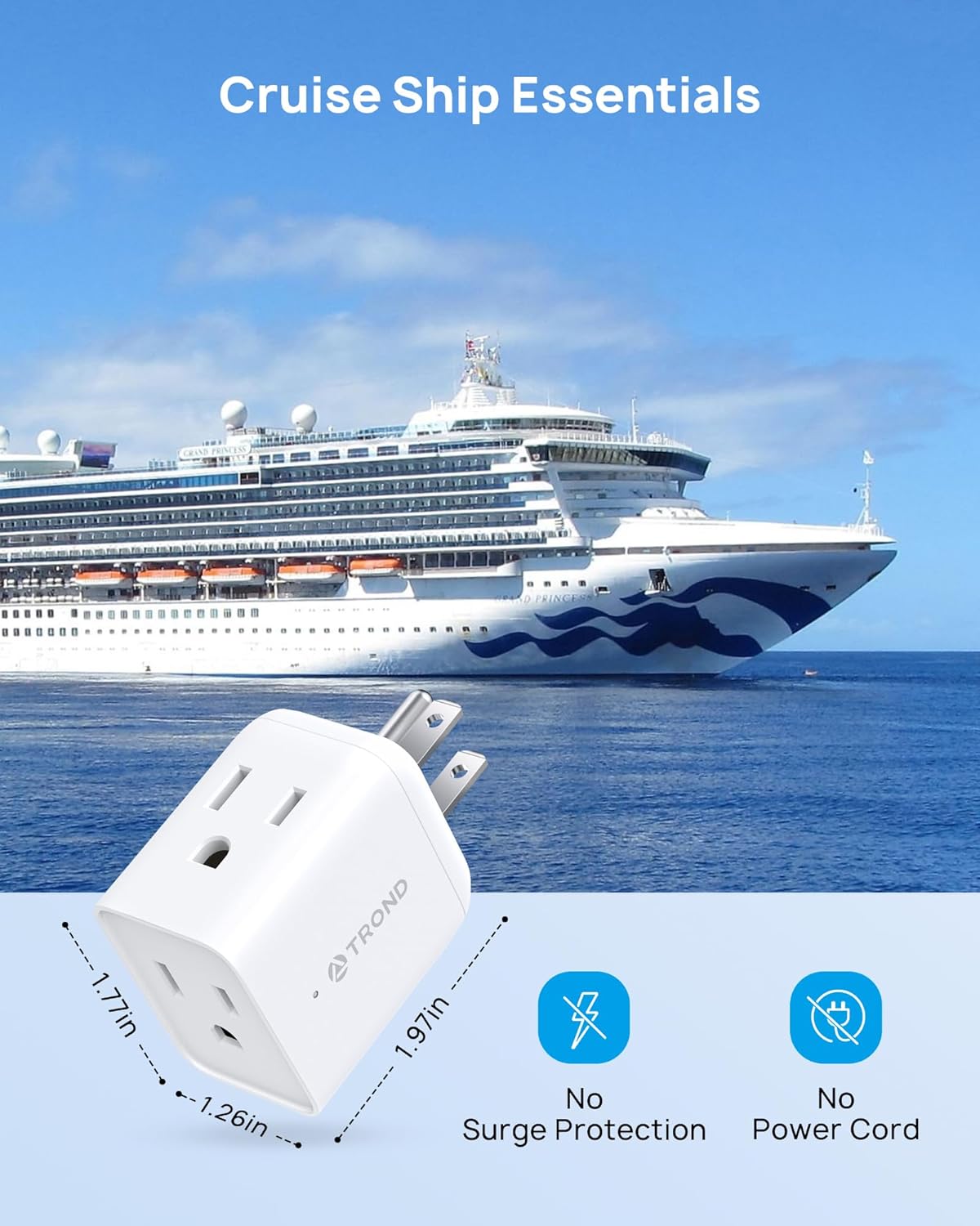 TROND Multi Plug Wall Outlet Extender - 3 Pack Multiple Plug Extension Outlet Splitter Adapter, Horizontal 3 Way Grounded Socket, for Home Office Dorm Room Cruise Ship Travel Essentials, White ? ? ? ? ? - Image 6