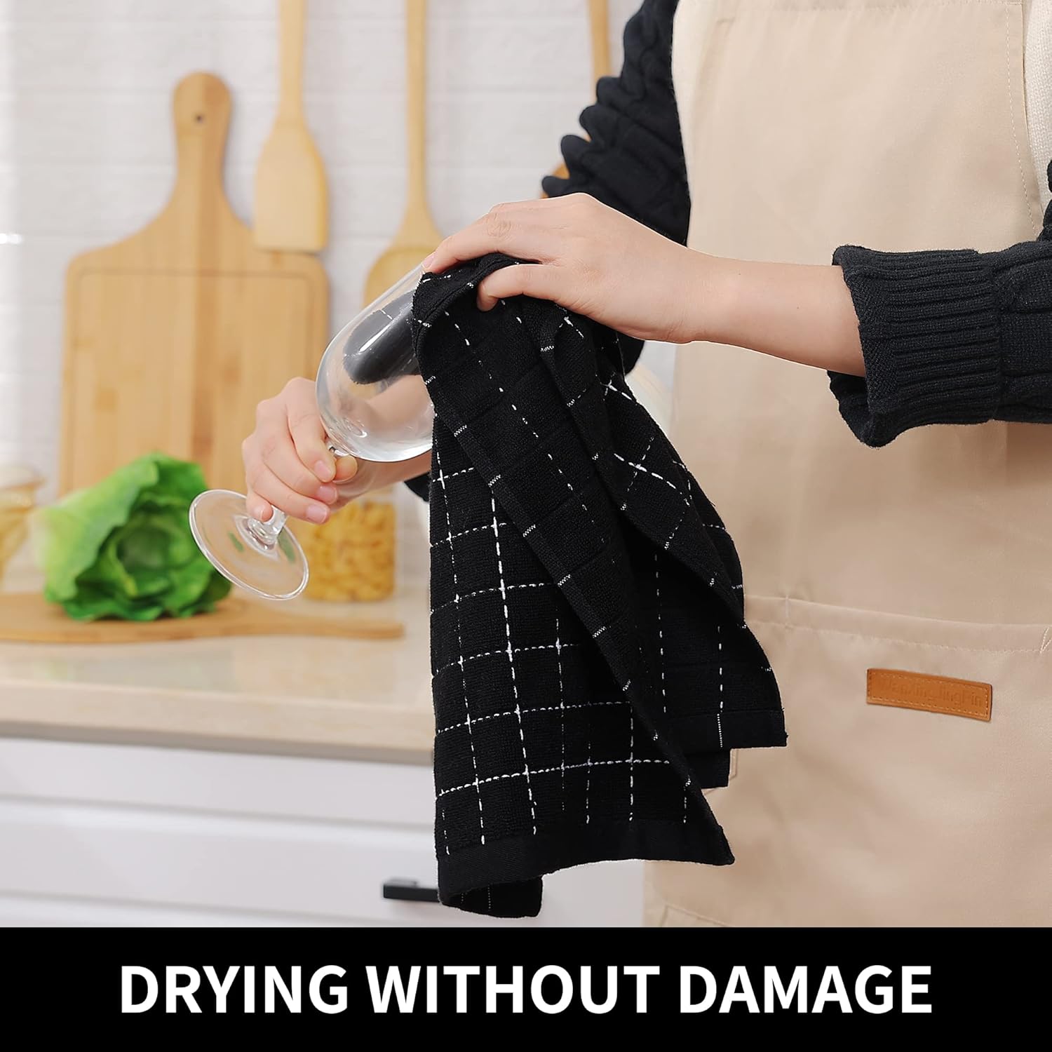 Homaxy 100% Cotton Terry Kitchen Towels(Black, 13 x 28 inches), Checkered Designed, Soft and Super Absorbent Dish Towels, 4 Pack - Image 4
