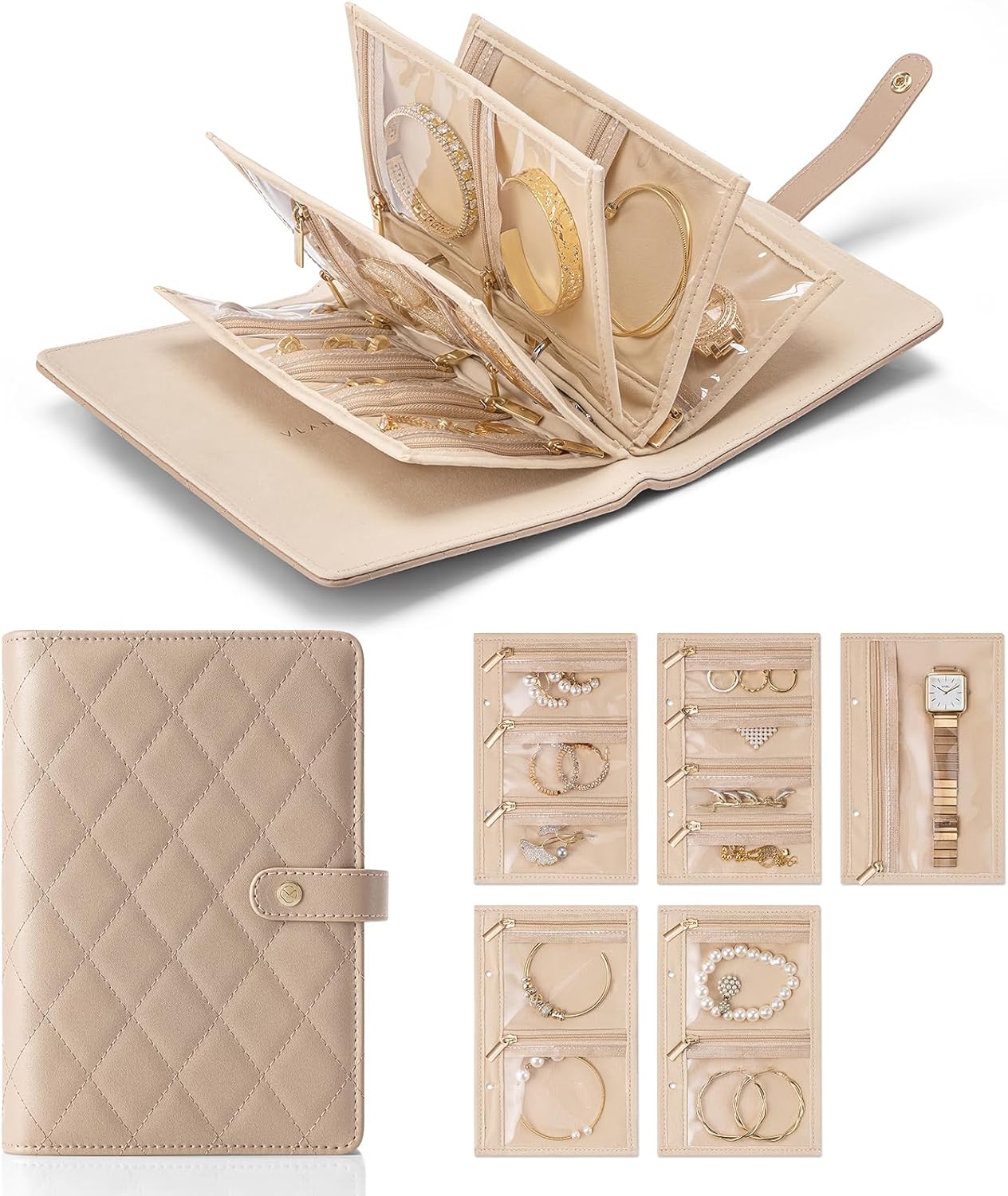 Vlando Travel Jewelry Organizer Case, Valentines Day Gifts,Jewelry Storage Book Ring Binder with Clear Zipper Velvet Pouch Bag for Traveling,Rings,Necklace,Earrings,Bracelets,Brooches-Toffee ? ? ? ? ?