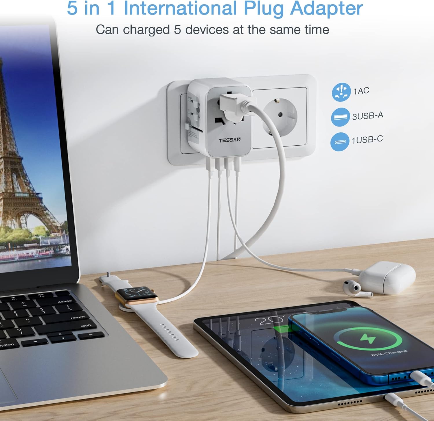 TESSAN Universal Travel Adapter, International Power Adapter with 4 USB Ports (1 USB C), Worldwide Plug Adaptor Wall Charger for USA to Europe UK France Germany Spain Ireland Australia(Type C/G/A/I) ? ? ? ? ? - Image 4