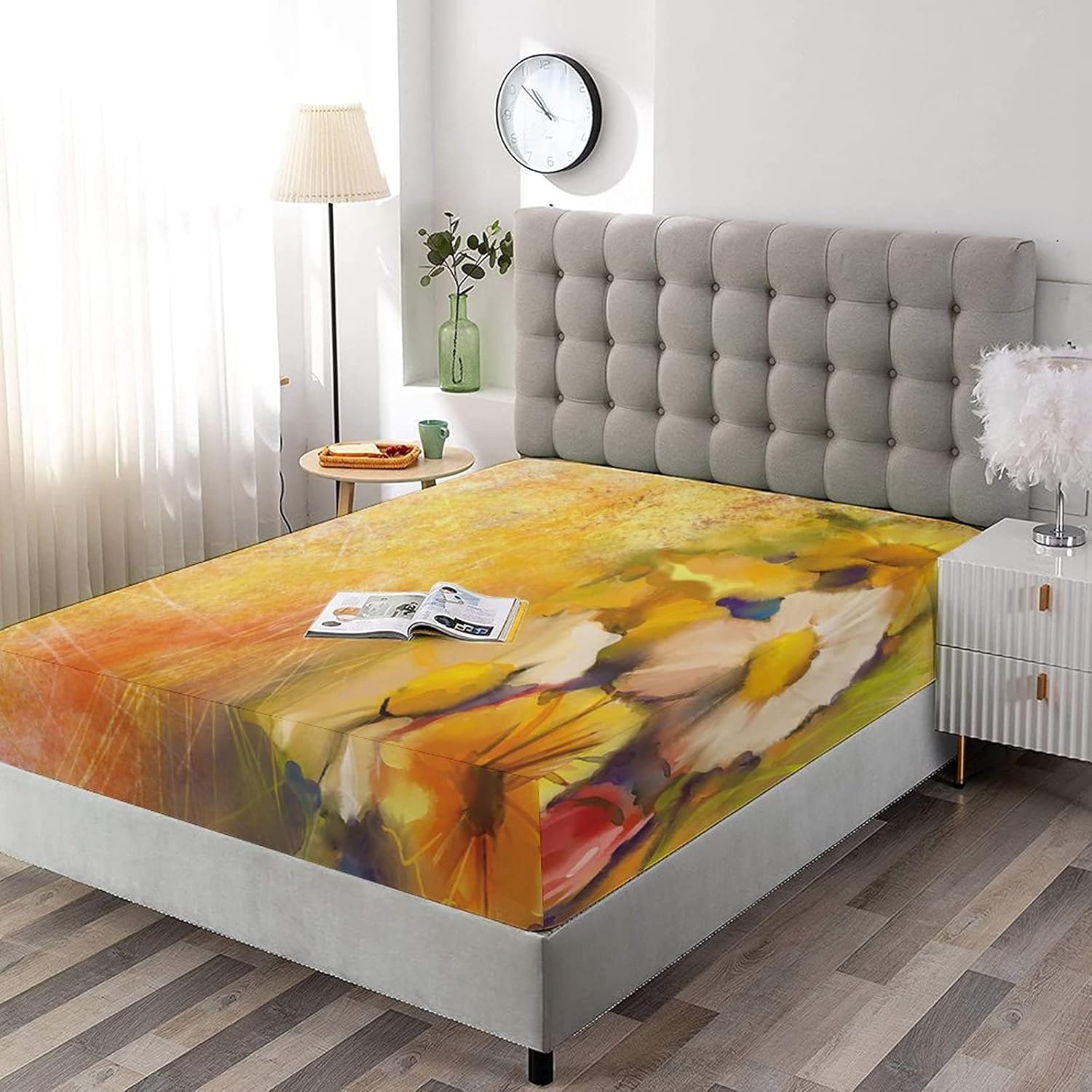 XISUNYA Decorative Fitted Sheet Set Twin Size, Yellow Flower Deep Pockets Fitted Sheet & 2 Pillow Sham Set, Oil Painting Rose Daisy Gerbera Flowers Printed Microfiber Bedding 3pc Set,for Mattress - Image 2