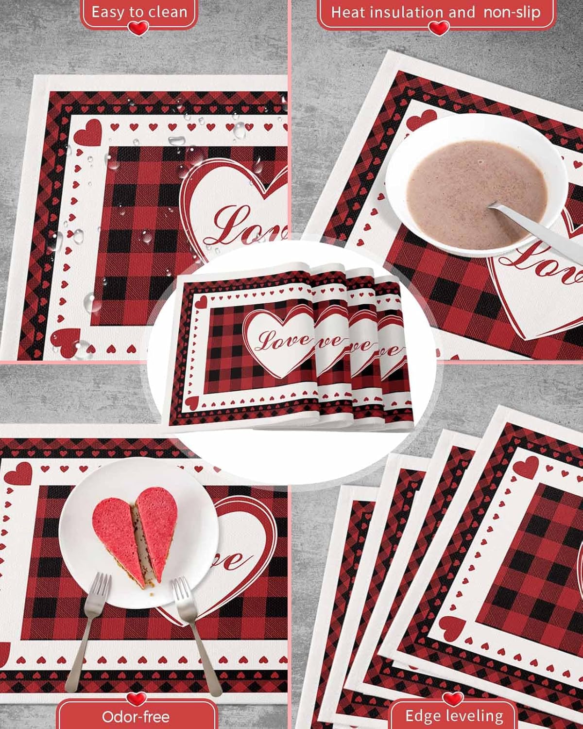Valentines Placemat Heart Shape Design Place Mats for Dining Room Dinner Table Red Buffalo Check Plaid Romantic Love Valentine's Day Washable Table Mats Kitchen Decorations Set of 4 ? ? ? ? ? - Image 6