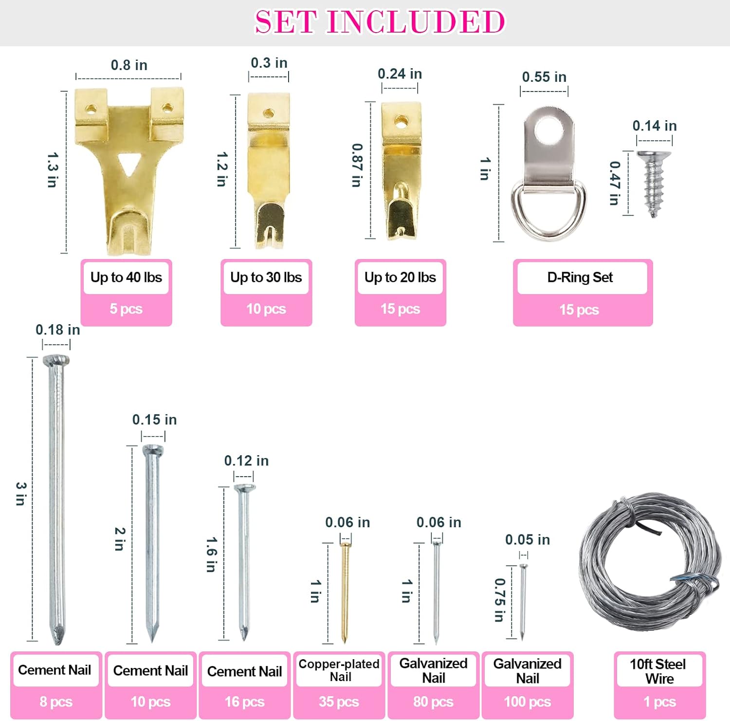 Picture Hanging Kit, 315pcs Hanging Hardware with Hooks, Wire, Nails, D Ring, Wall Hanging Kit with Hangers, Magnetic Level and Small Pink Claw Hammer, nails for hanging pictures for Home Decor ? ? ? ? ? - Image 2