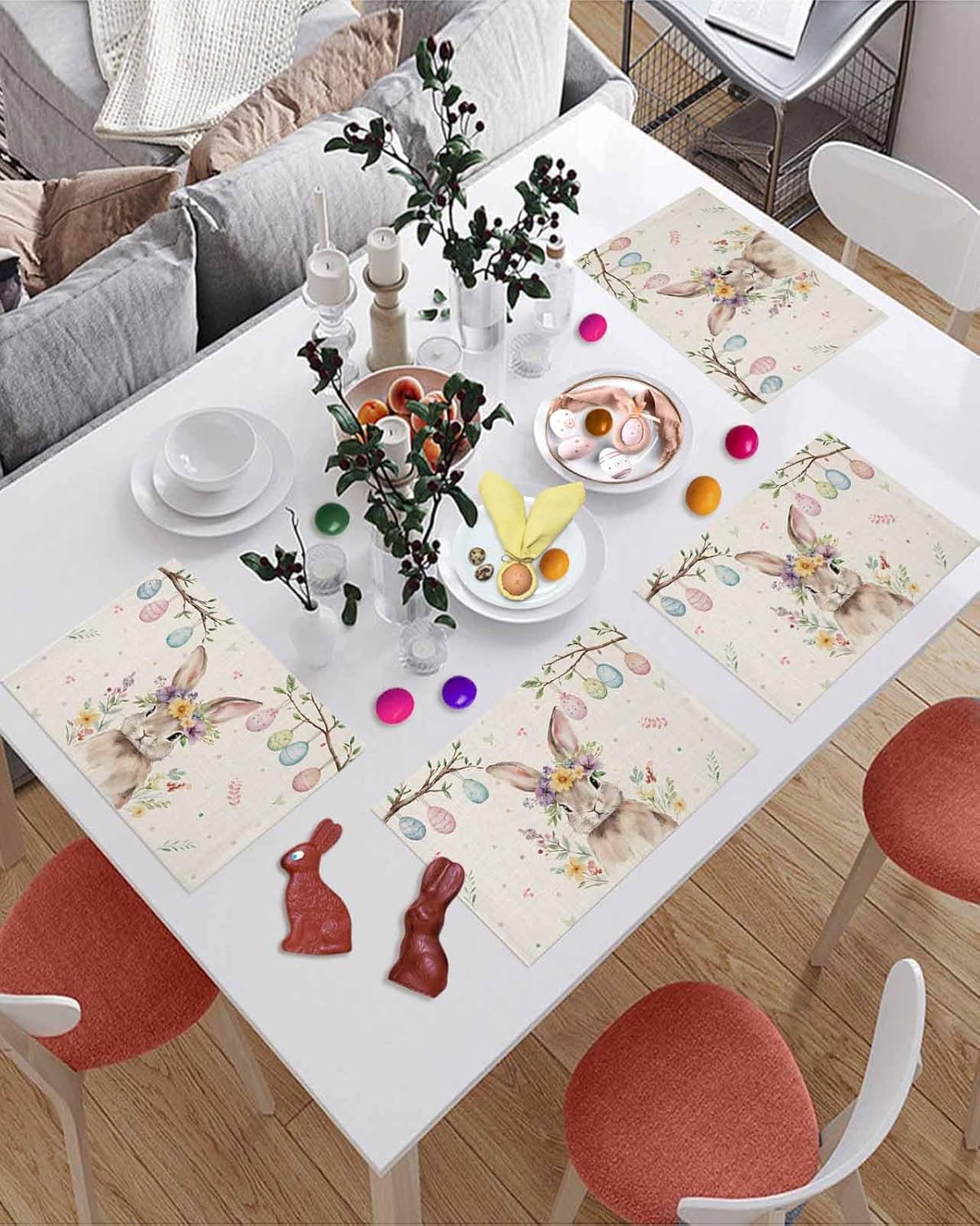 Easter Egg Bunny Placemats Set of 6, Washable Table Mats for Kitchen Dining Table, Cotton Linen Place Mats for Indoor Outdoor Parties Holiday Decoration, Spring Flowers Rabbit ? ? ? ? ? - Image 3