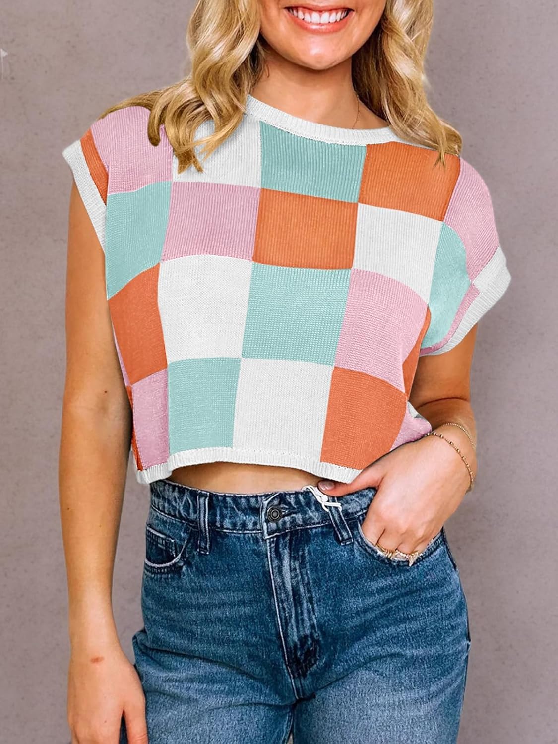 Saodimallsu Womens Cap Sleeve Crop Tops Summer Color Block Going Out Crew Neck Knit Trendy Casual Sweater ? - Image 5
