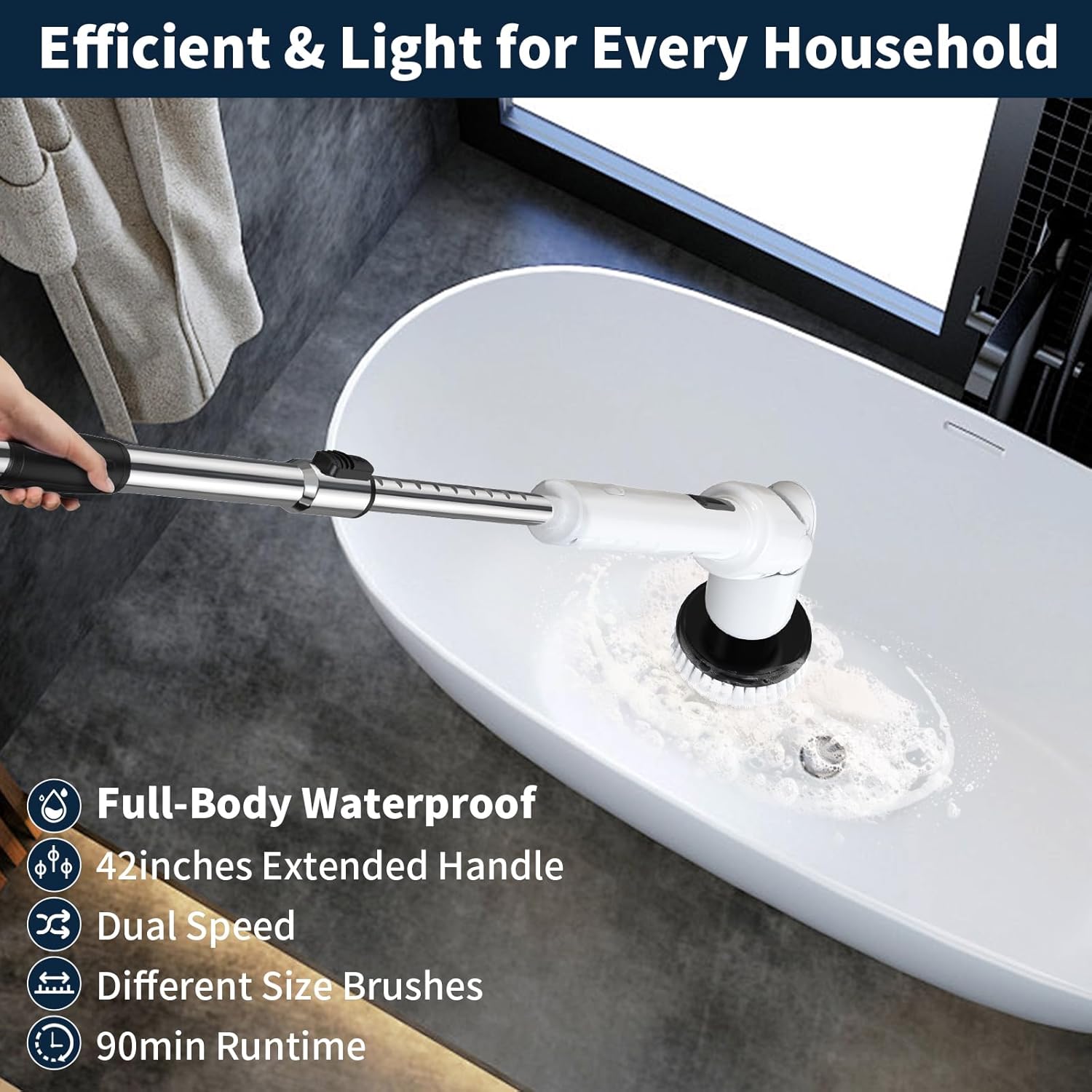 Electric Spin Scrubber - Cordless Cleaning Brush with Digital Display, 2 Speeds, 8 Brush Heads, IPX7 Waterproof, Adjustable Long Handle for Bathroom, Tub, Tile, Shower, and Car ? ? ? ? ? - Image 5