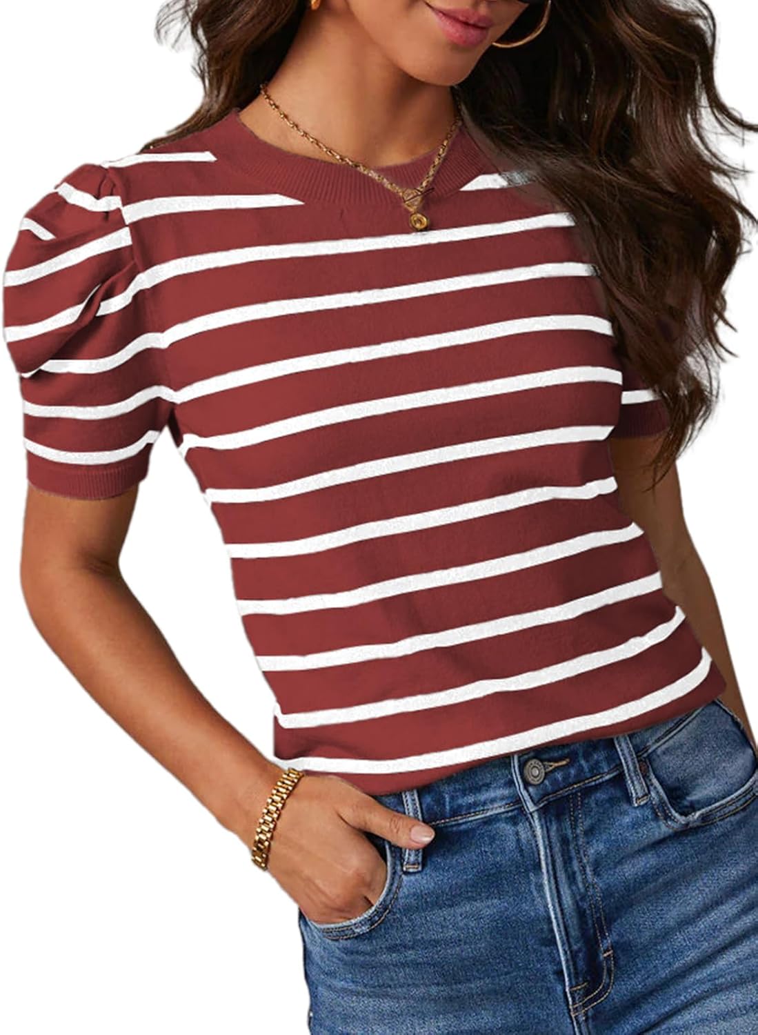 Dokotoo Women's Short Puff Sleeve Knit Tops 2025 Trendy Crewneck Striped T Shirts Casual Summer Blouses ? - Image 2