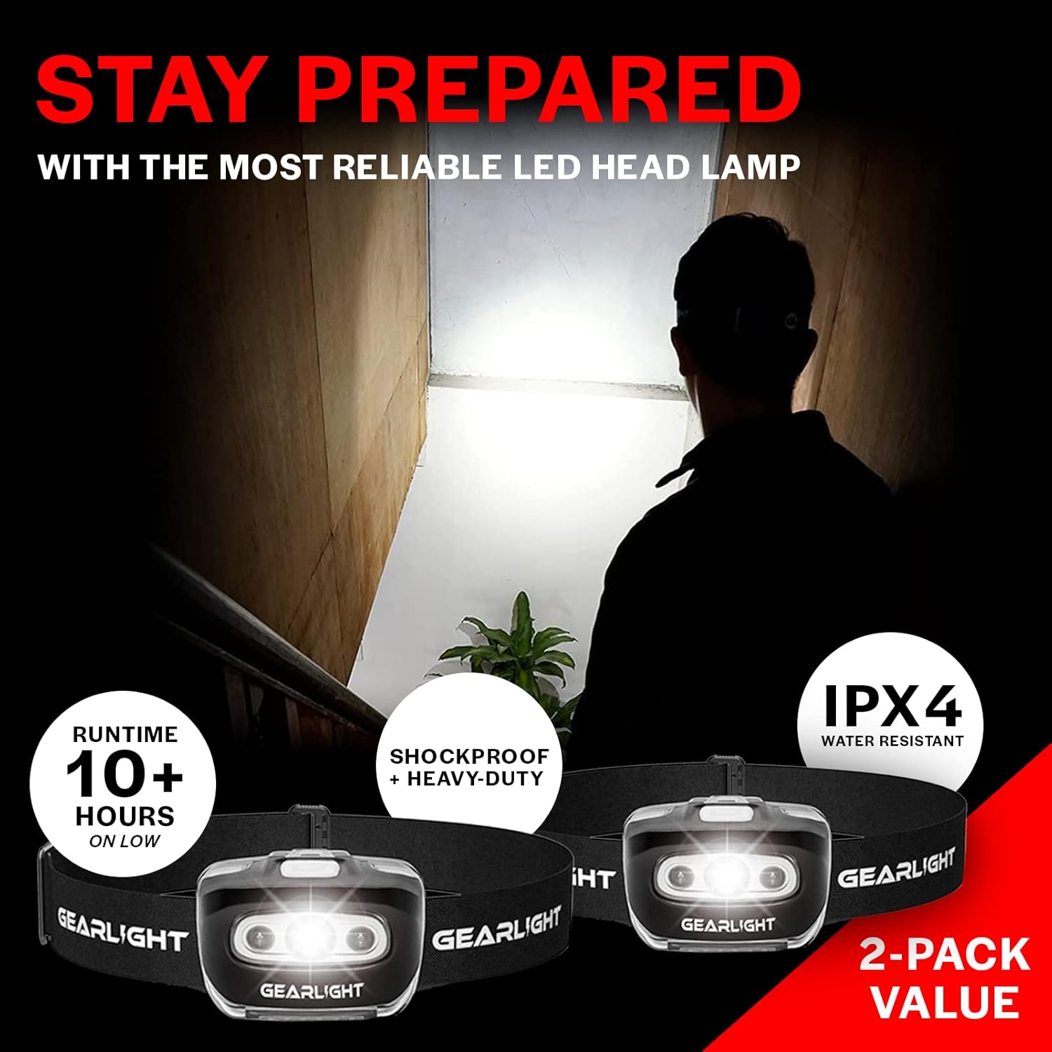 GearLight 2Pack LED Headlamp - Outdoor Camping Head Lamps with Adjustable Headband - Lightweight Battery Powered Bright Flashlight Headlight with 7 Modes and Pivotable Head and Red Light ? ? ? ? ? - Image 2