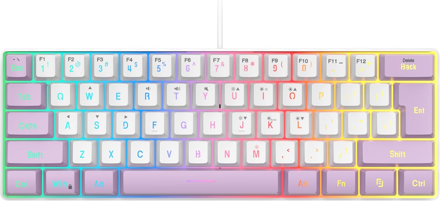 SAMA Gaming Keyboard 60 Percent, 61 Keys RGB Backlit Wired Keyboard, Waterproof Mini Compact Gaming Keyboard for PC/Mac Gamer, Travel, Easy to Carry on Business Trip - White Purple
