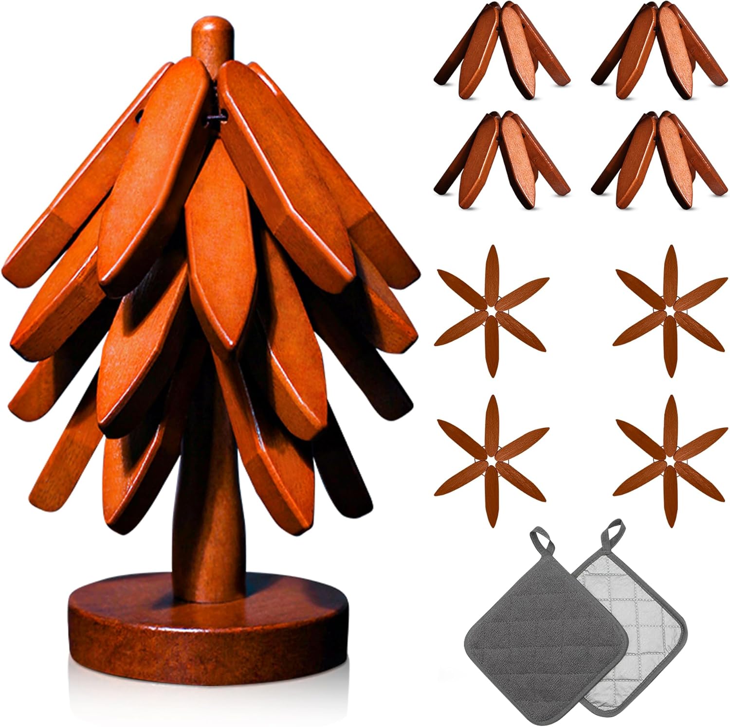 Wooden Trivet Set of 4 - Tree Trivets for Hot Dishes, Heat-Resistant Decorative Table Protectors, Wooden Tree Trivet Set with Free Hot Pot Holder - Kitchen Essentials for Countertops & Dining ? ? ? ? ?