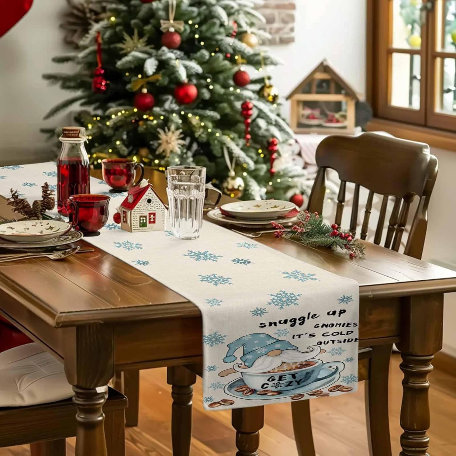 Coffee Gnomes Table Runner 72 Inches Long - Blue Winter Snowflake Burlap Farmhouse Kitchen Dining Burlap Linen Tablerunner for Small/Round/Square/Wedding/Coffee/Dining Table Party Home Décor 16 x 72 - Image 5
