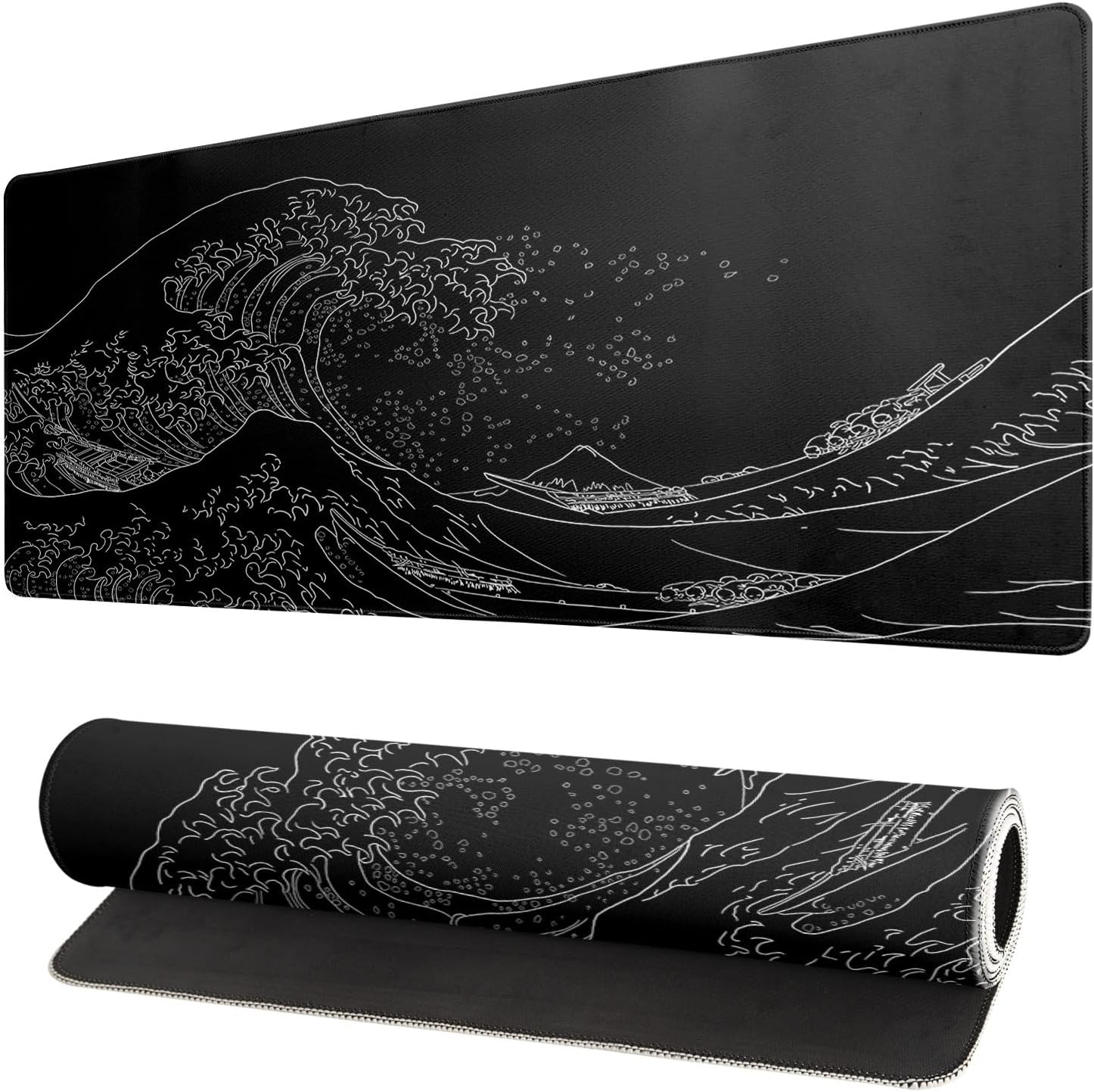 Japanese Sea Wave Large Mouse Pad, Anime Black Gaming, Extended Kanagawa Mat Desk Pad, 3mm Thick Long Non-Slip Rubber Base Mice Pad, 31.5 X 11.8 Inch ? ? ? ? ?