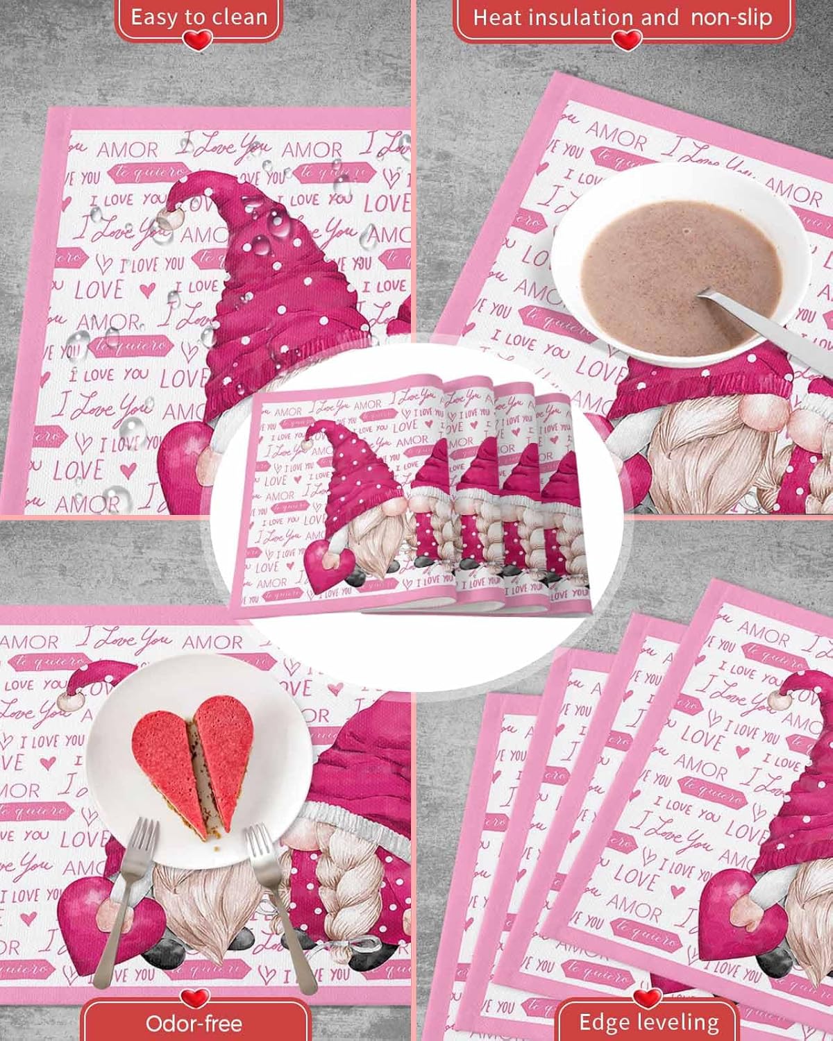 Valentines Placemat Pink Gnome Love Heart Place Mats for Dining Room Dinner Table Romantic Sweet Valentine's Day Washable Table Mats Kitchen Decorations Set of 4 ? ? ? ? ? - Image 6